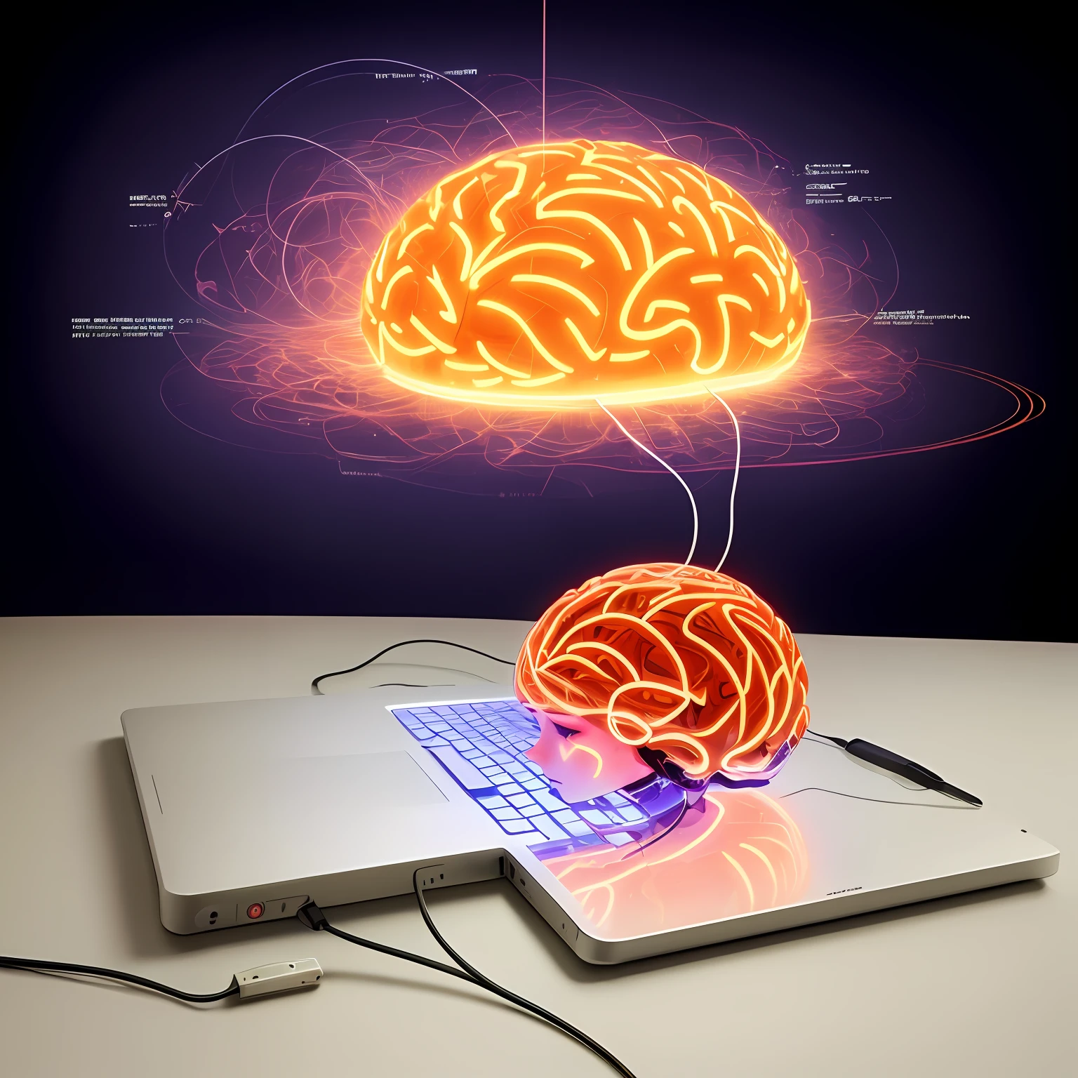 there is an open screen laptop, with a bright brain next to another computer, brain connected to computers, electronic brain, computer brain interface, brain interface, neuroscience, brain, visible brain, a cpu with human brains, brains, scientific representation, computer generated, consciousness projection, matte painting of the human mind, neural machine, electric brainstorm, by Jon Coffelt