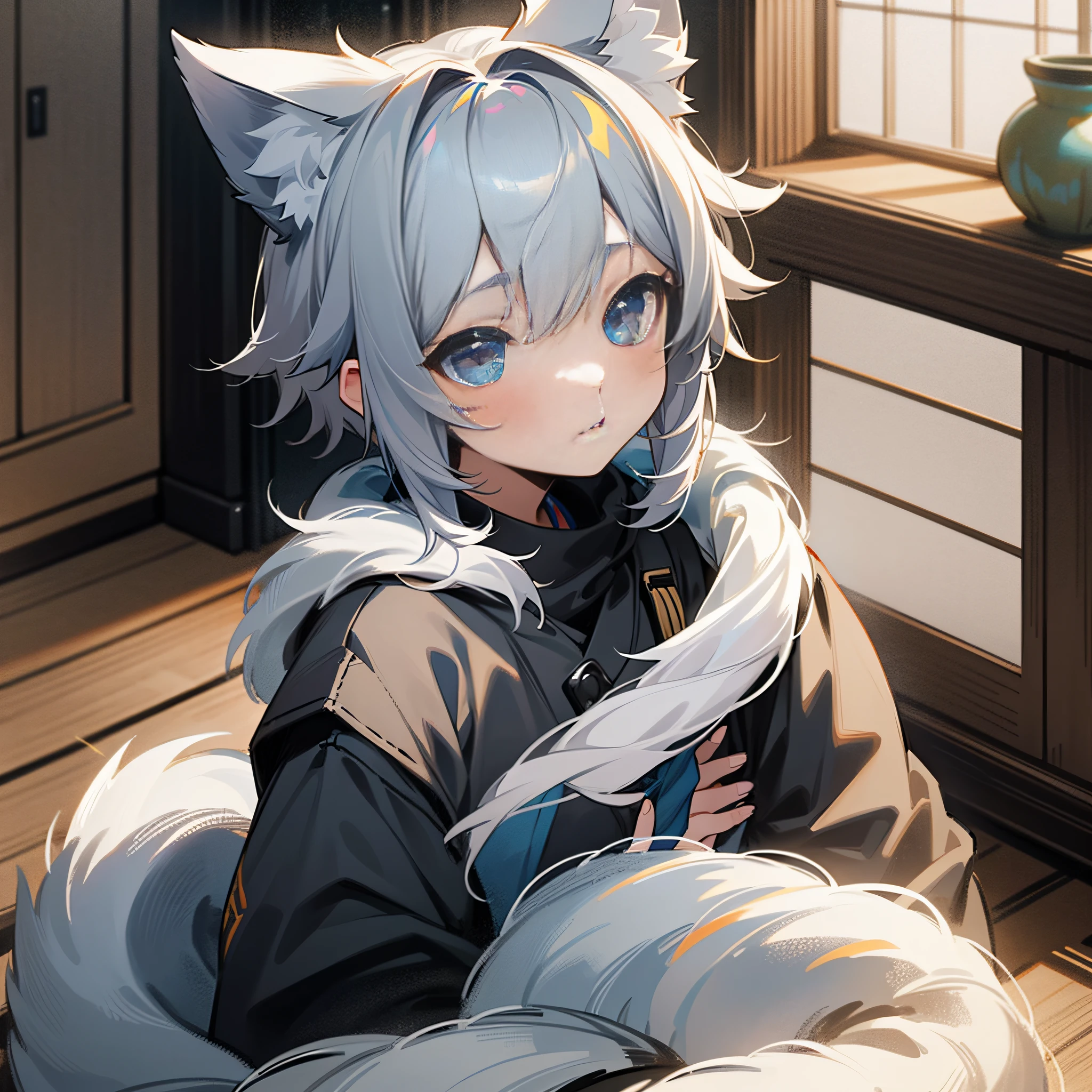 (1 girl), (shota), (HD quality, masterpiece level), cute teen characters, dark gray hair, blue eyes, (wolf ears), (wolf tail), one tail, (no ears), (little boy), (ear covered), (hair covered ears), face camera, tachi-e,