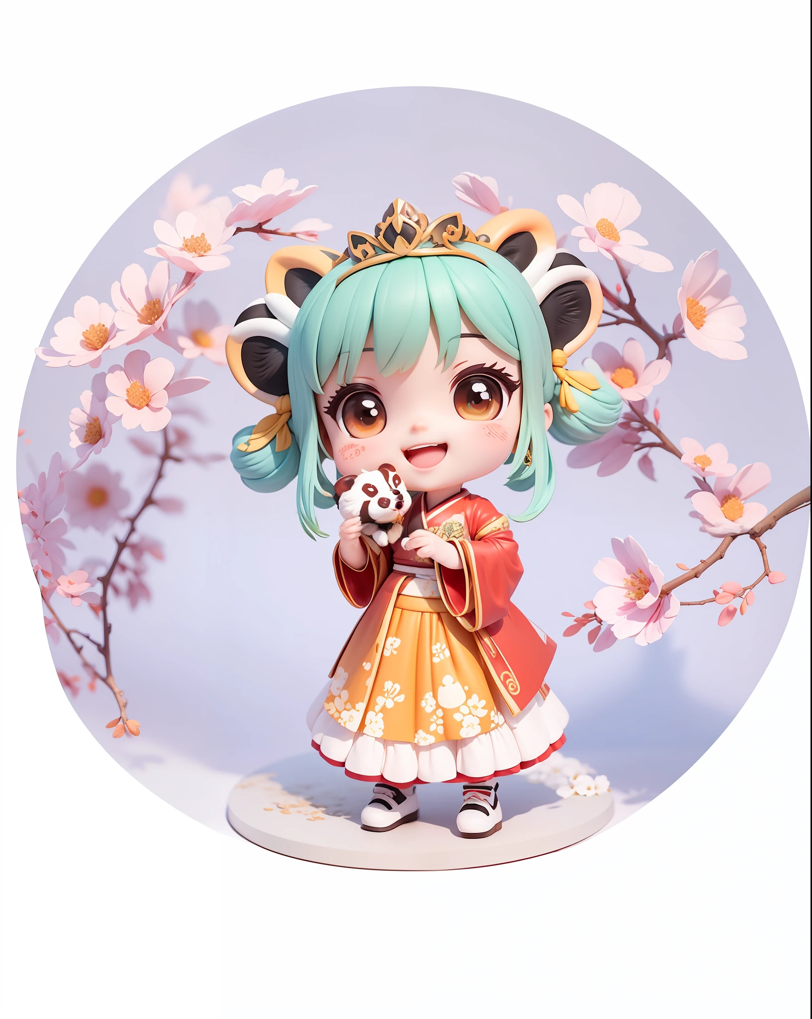 (Daisaku), (Excellent), (Super Meticulous), (Full body: 1.2), 1girl, Chibi, cute, smile, open mouth, tiara red panda, top white green, lower body light green skirt, skirt pattern red panda 🐼, background panda 🐼 sitting eating bamboo leaves,