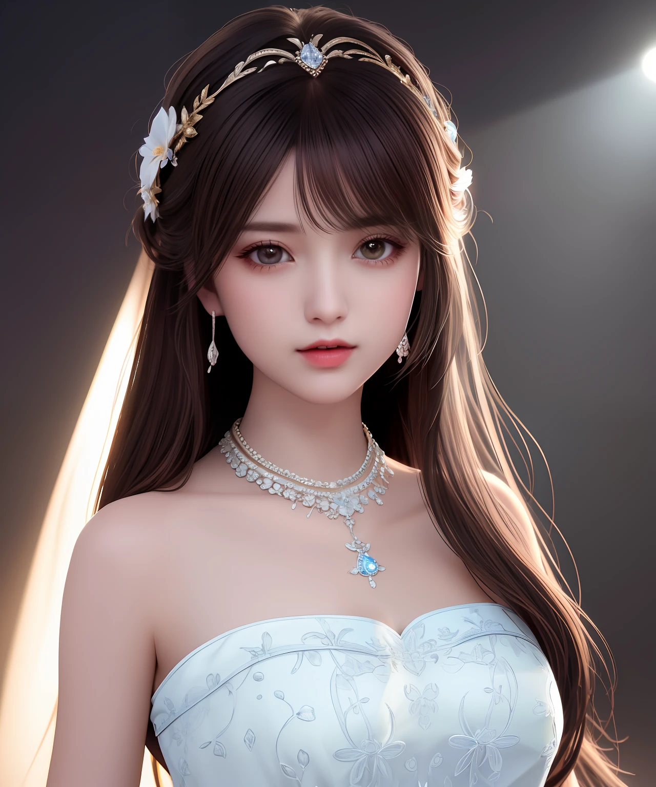 Best quality, masterpiece, high resolution, 1girl, porcelain dress, hair accessories, necklace, jewelry, beautiful face, on the body, Tyndall effect, realistic, dark studio, edge lighting, two-tone lighting, (high detail skin: 1.2), 8k UHD, dslr, soft light, high quality, volumetric light, candid, photo, high resolution, 4k, 8k, background blur,