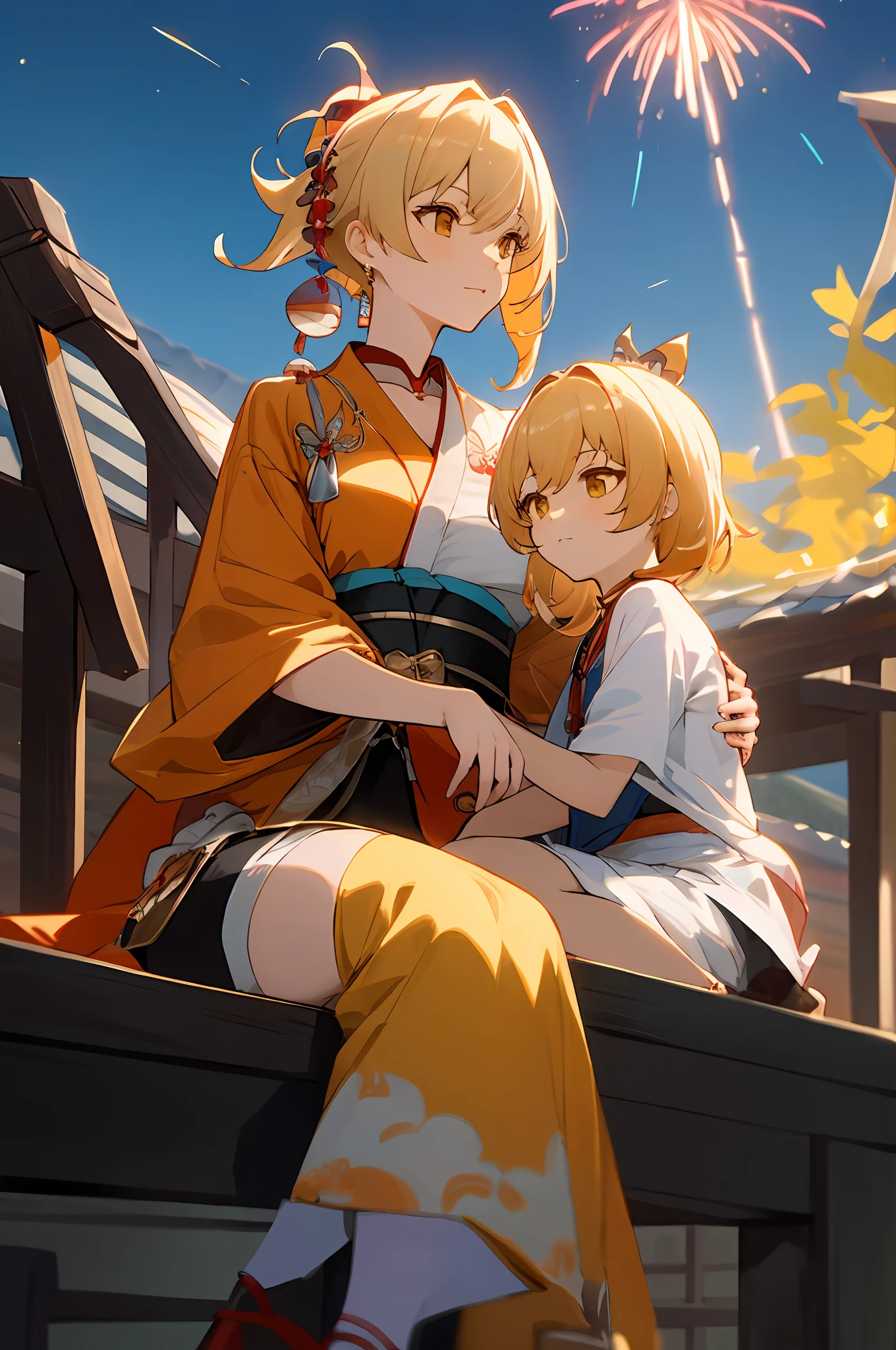 anime image of two women dressed in traditional japanese clothing in japanese village, palace a girl in hanfu, wlop and sakimichan, yellow haired deity, characters from azur lane, anime fantasy illustration, from the azur lane videogame, genshin, artwork in the style of guweiz, yoimiya detailed art, two beautiful anime girls, yellow hair, mother and child, sitting on roof, rim lighting, night, fireworks, looking up, lightened face, from below