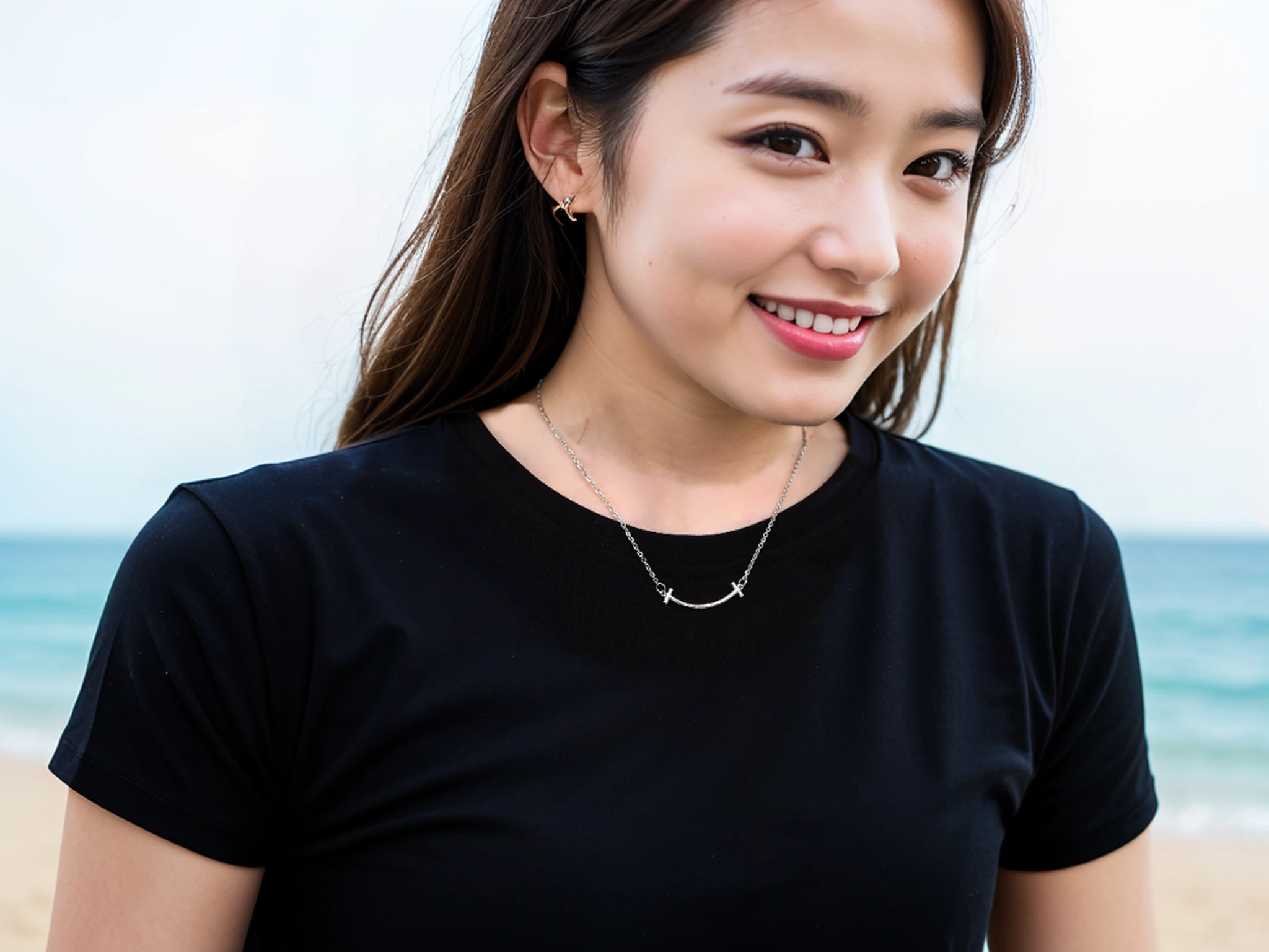 (8k, RAW photo, best quality, masterpiece:1.2, UHD: 1.2), (realistic, photo-realistic:1.37, photorealistic:1.37), beautiful detailed eyes, motion_blur,1girl , solo, Japan woman photo, 27 years old, short hair, upper body, face focus, hawaii beach background, from above, watch the viewer,black t-shirt,smile,