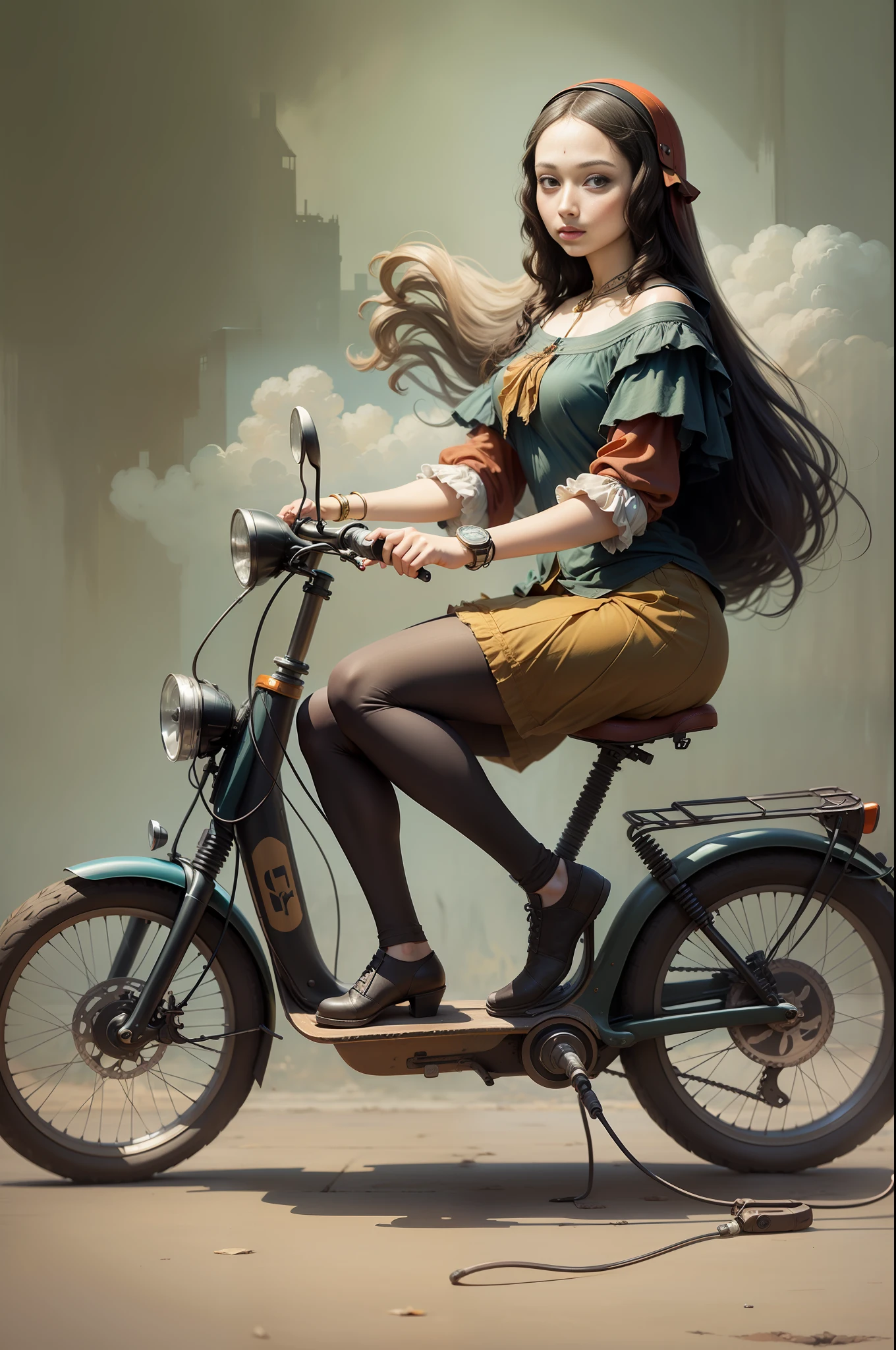 Young Mona Lisa, with flowing long developing hair in the wind, rides on an electric scooter, full-length, on one leg, side view, looking at the camera, alone, without faces in the background, without paintings