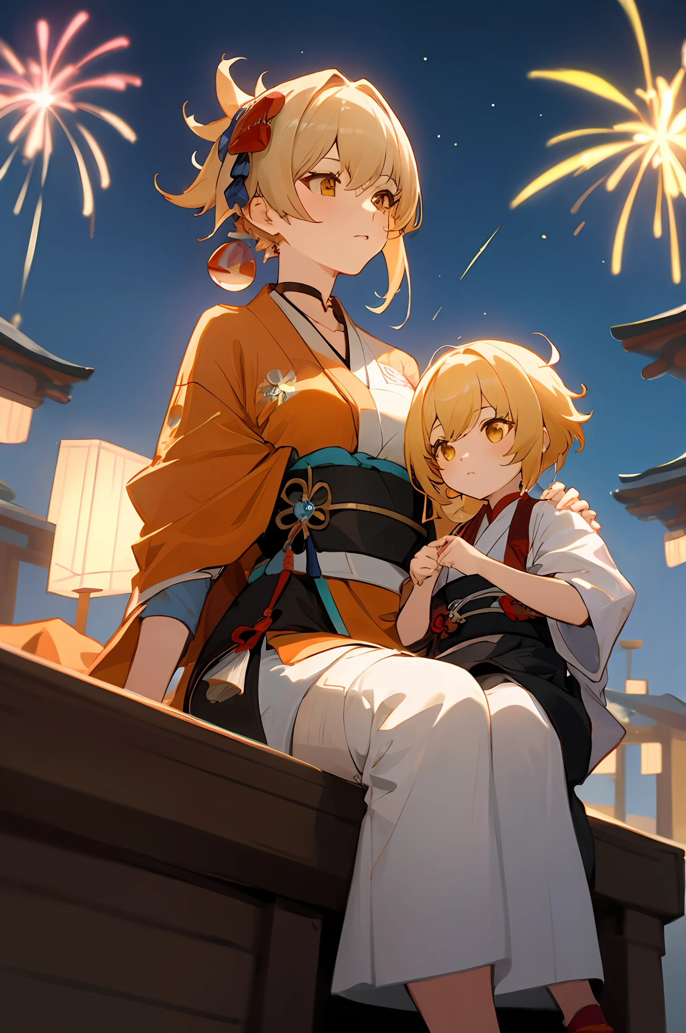 anime image of two women dressed in traditional japanese clothing in japanese village, palace a girl in hanfu, wlop and sakimichan, yellow haired deity, characters from azur lane, anime fantasy illustration, from the azur lane videogame, genshin, artwork in the style of guweiz, yoimiya detailed art, two beautiful anime girls, yellow hair, mother and , sitting on roof, rim lighting, night, fireworks, looking up, lightened face, from below