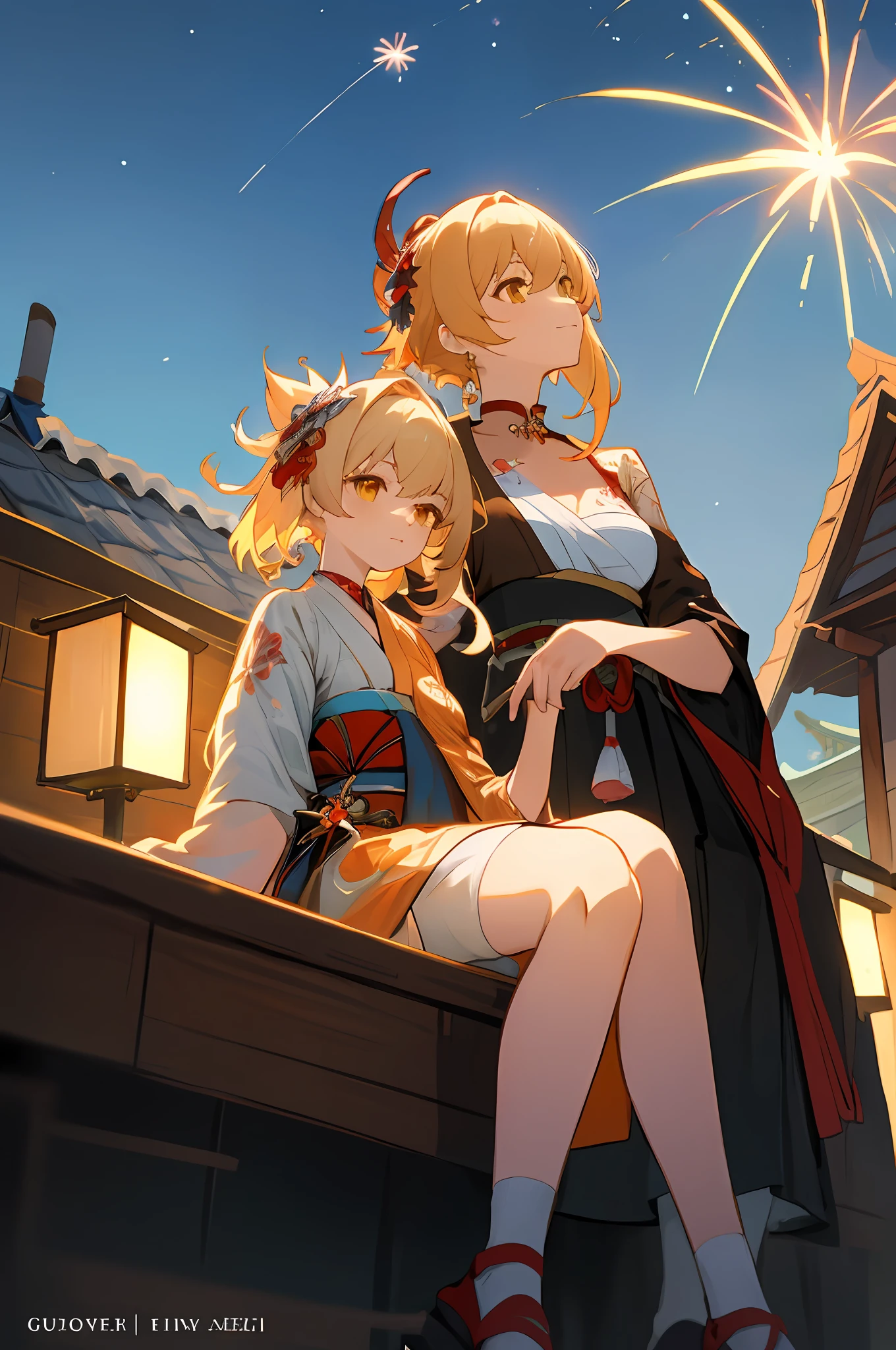 anime image of two women dressed in traditional japanese clothing in japanese village, palace  a girl in hanfu, wlop and sakimichan, yellow haired deity, characters from azur lane, anime fantasy illustration, from the azur lane videogame, genshin, artwork in the style of guweiz, yoimiya detailed art, two beautiful anime girls, yellow hair, mother and child, sitting on roof, rim lighting, night, fireworks, looking up, lightened face, from below