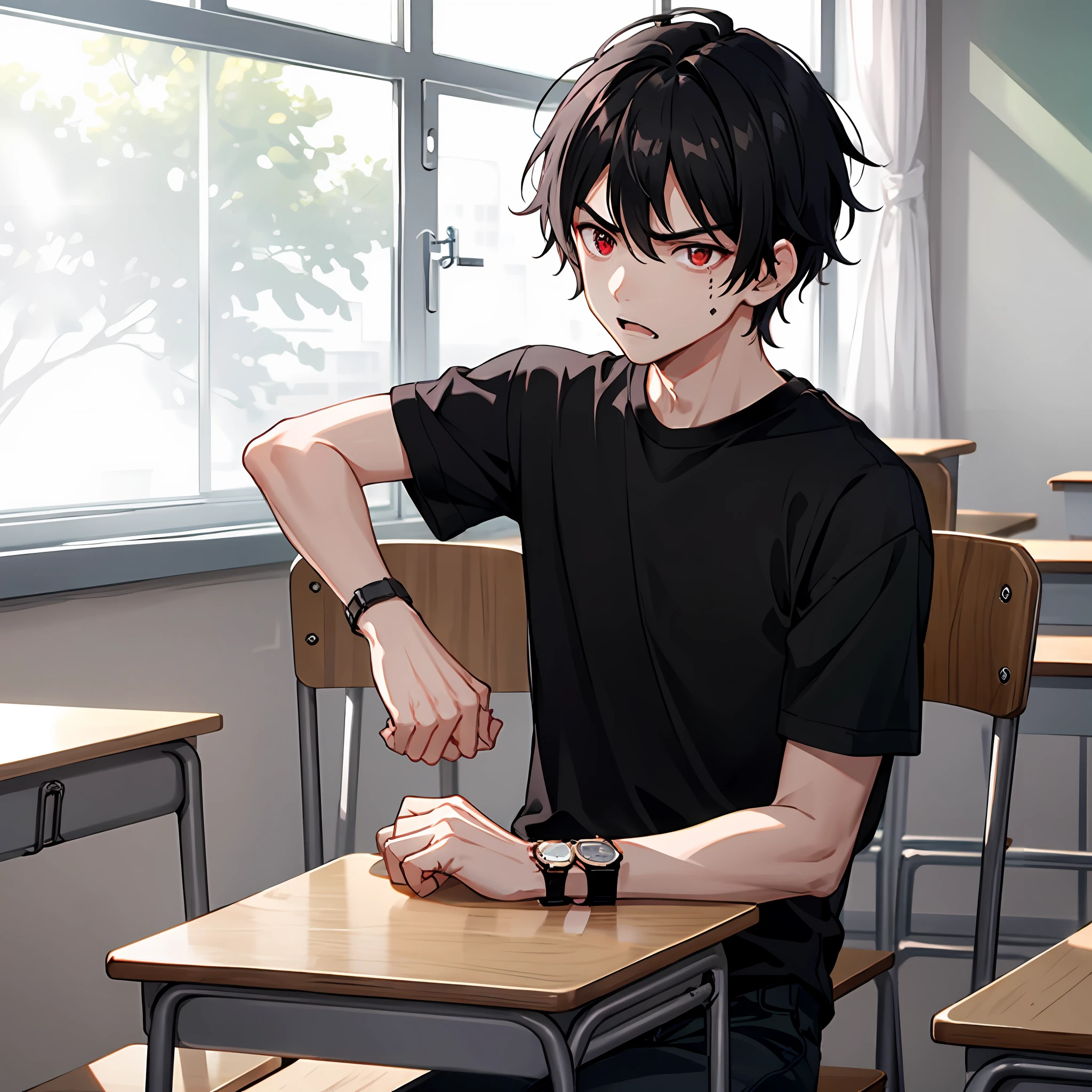 1boy, black hair, black shirt, red eyes, watch, messy hair, 8k resolution, classroom, shabby classroom, fierce, delicate facial features, cold, murderous, angry, sitting in a chair,