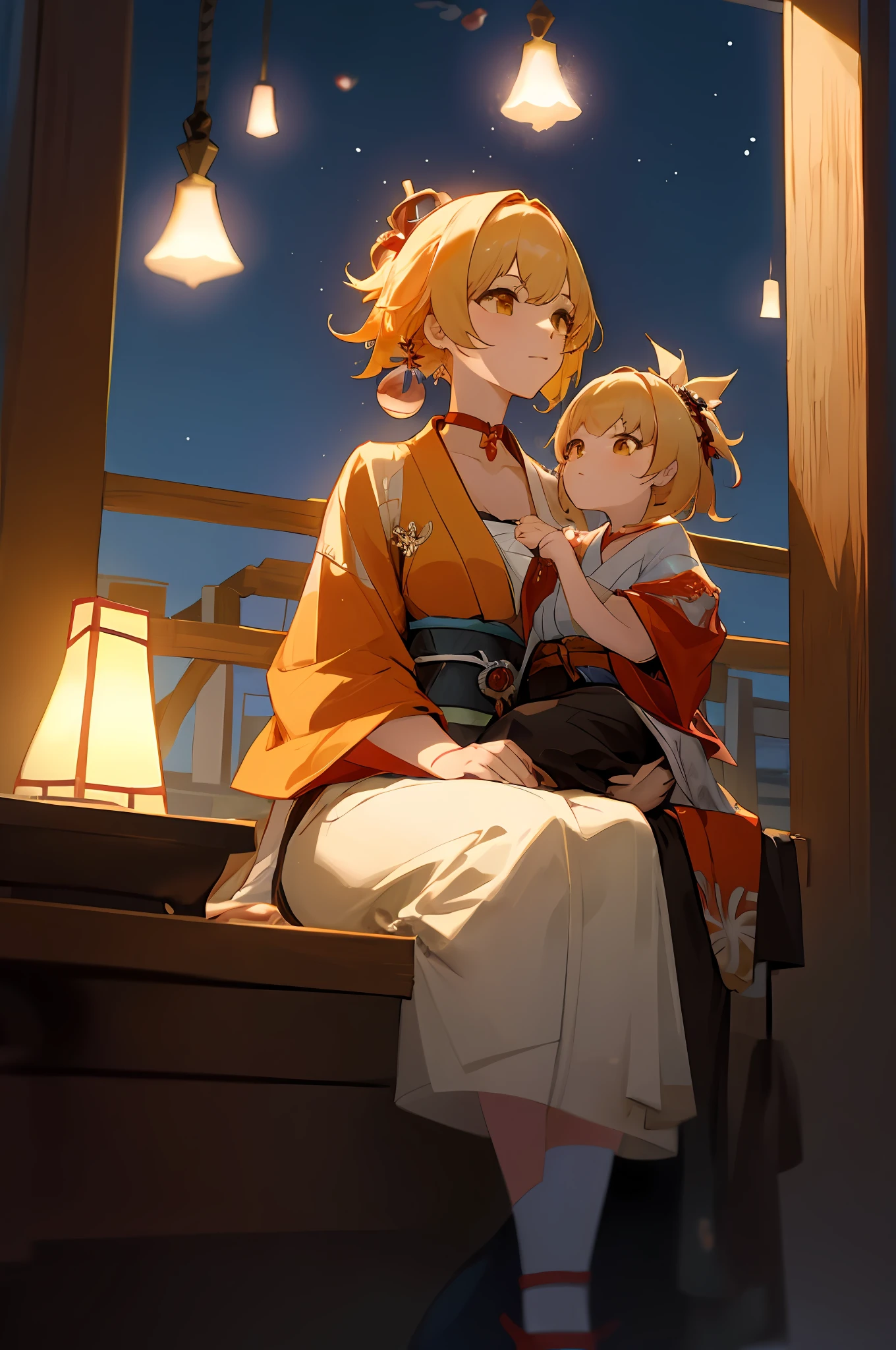 anime image of two women dressed in traditional japanese clothing in japanese village, palace a girl in hanfu, wlop and sakimichan, yellow haired deity, characters from azur lane, anime fantasy illustration, from the azur lane videogame, genshin, artwork in the style of guweiz, yoimiya detailed art, two beautiful anime girls, yellow hair, mother and child, sitting in a japanese house, rim lighting, night, fireworks, looking up, lightened face