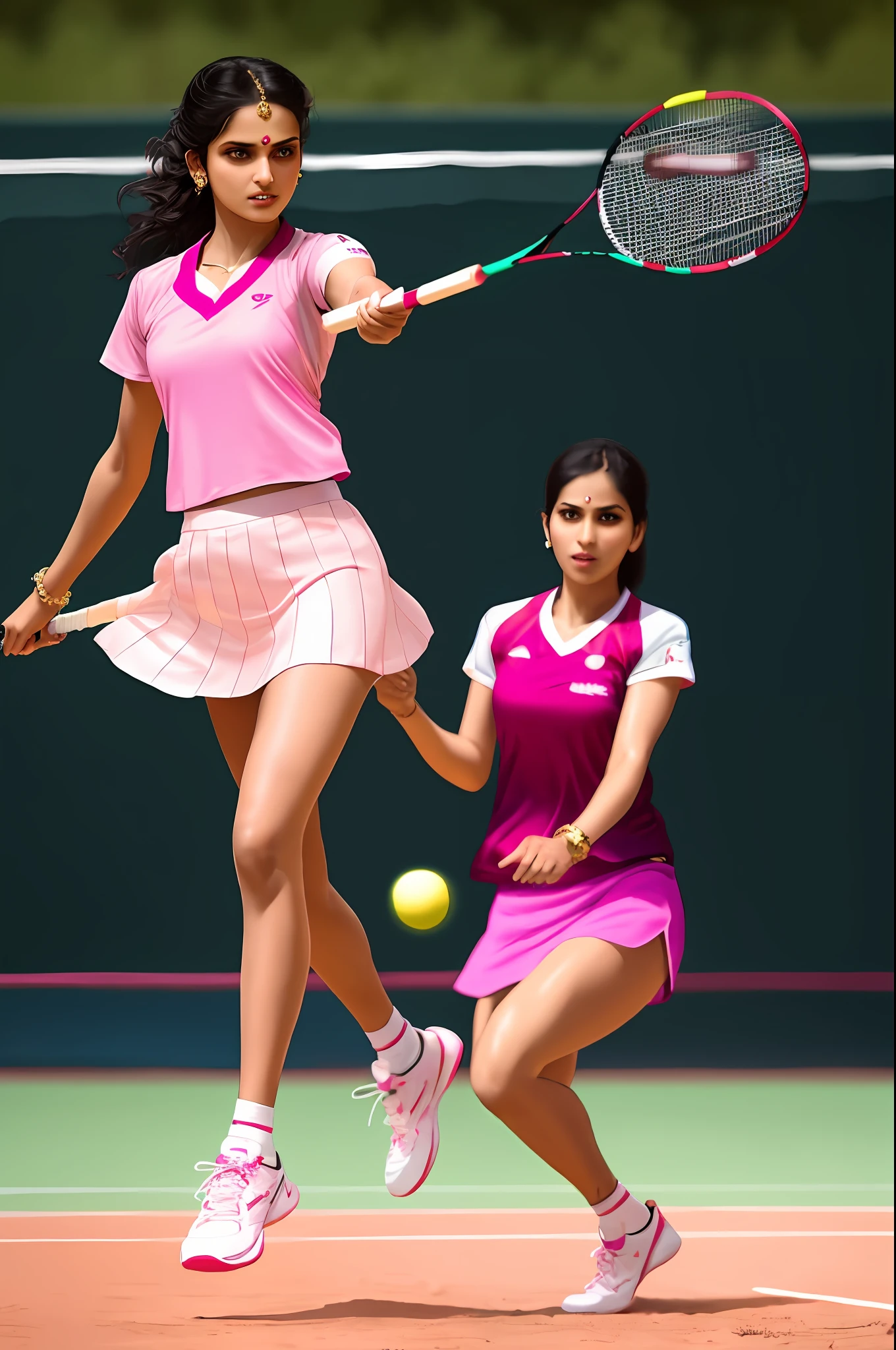 Sure! Here's an optimized prompt based on the given description:
"A seductive Indian girl, adorned with exquisite jewelry, wearing a light pink top and very light blue mini raffle skirt. Showcasing her legs in a realistic and highly detailed manner, she poses alluringly in front of the camera." She hold a badminton. In ground and playing badminton.