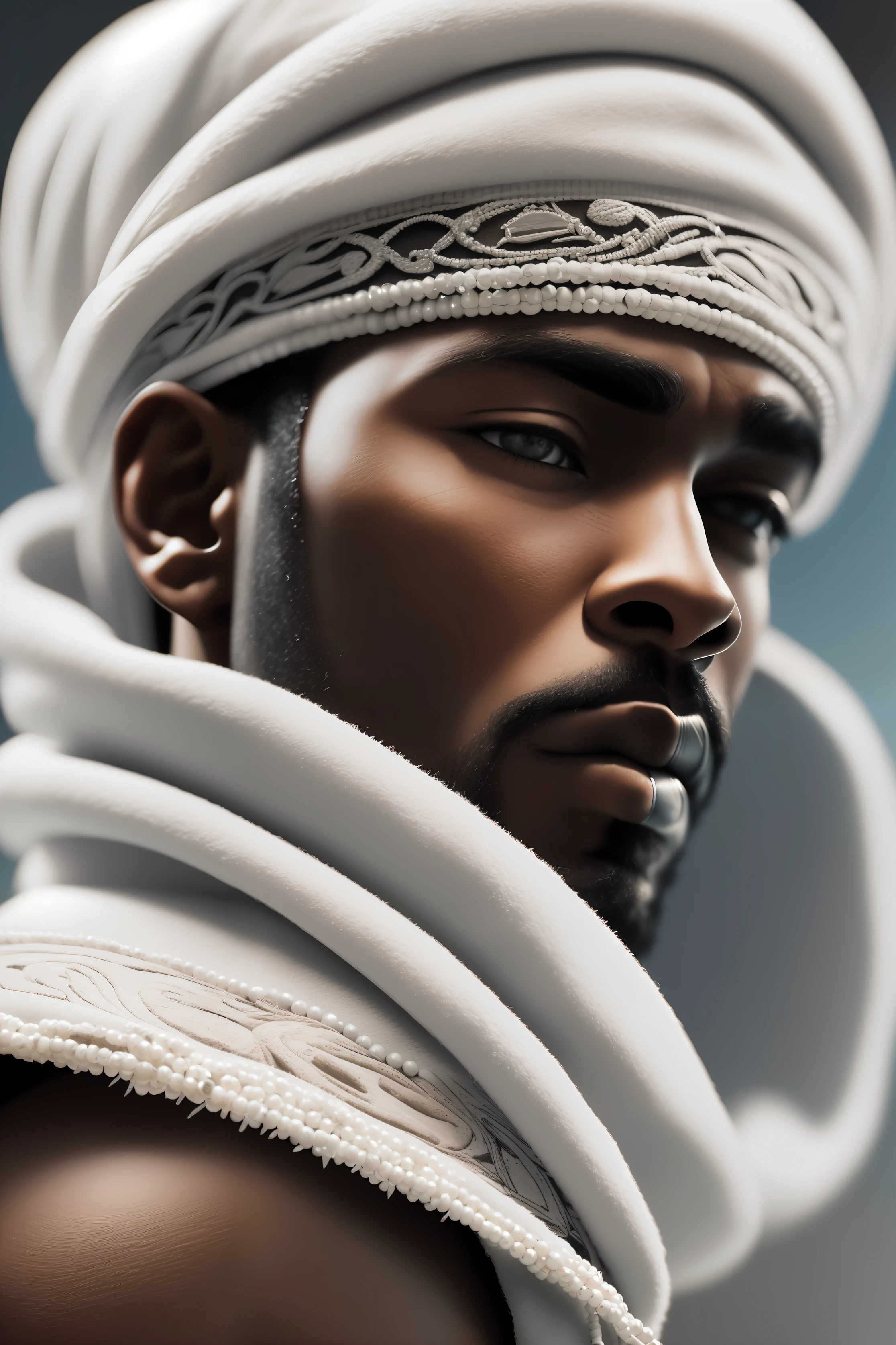 Hopefully. Black man, African, afro white hair, (((old))) , handsome, upper body, natural skin texture, 24mm, 4k textures, White turban, (white clothing without details), (white beaded necklace), soft cinematic light, RAW photo, photorealism, photorealistic, intricate, elegant, highly detailed, sharp focus, ((((((cinematic look)))), soft tones, insane details, intricate details, hyperdetailed, low contrast, soft cinematic light, dark colors, exposure mix, HDR, faded --auto --s2