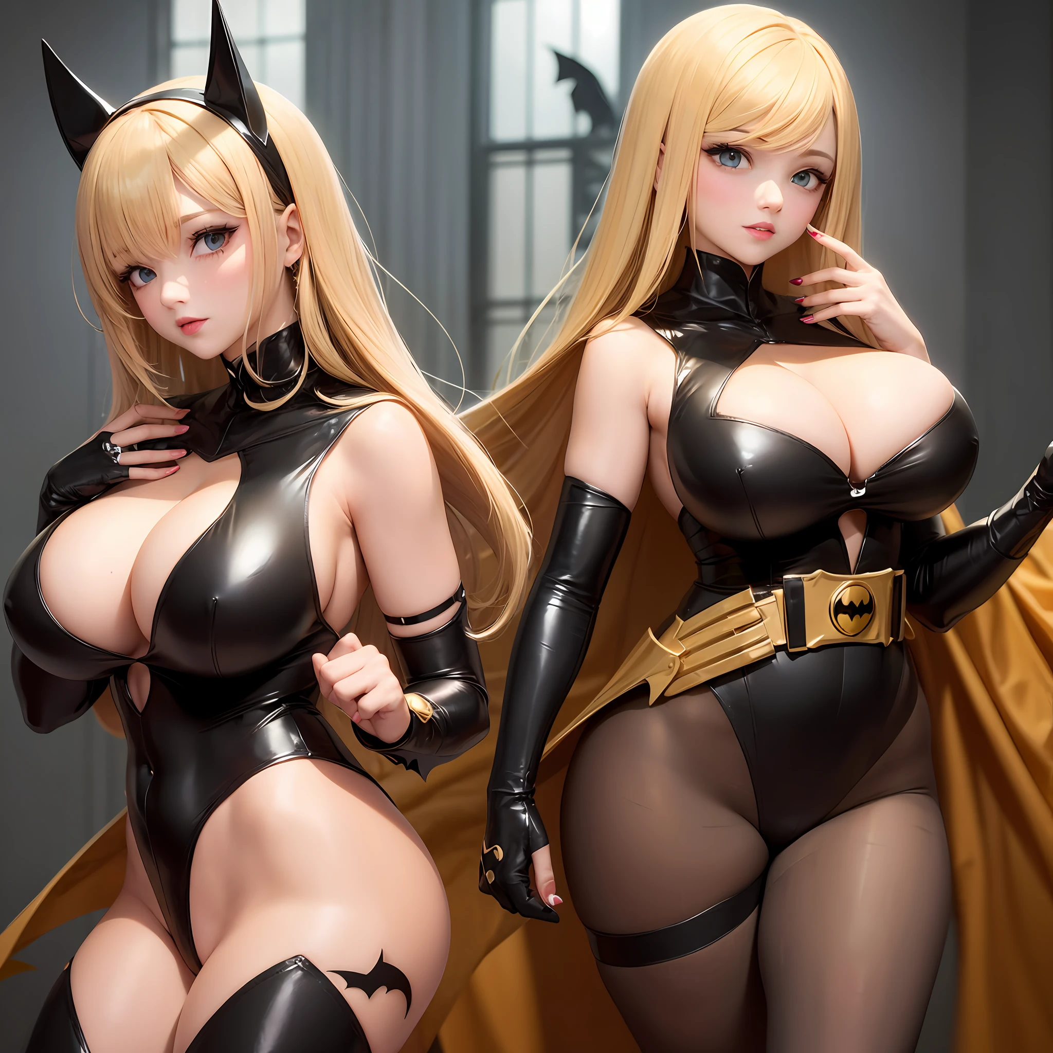 Beautiful blonde woman detailed defined body using golden batman cosplay, huge breasts --auto