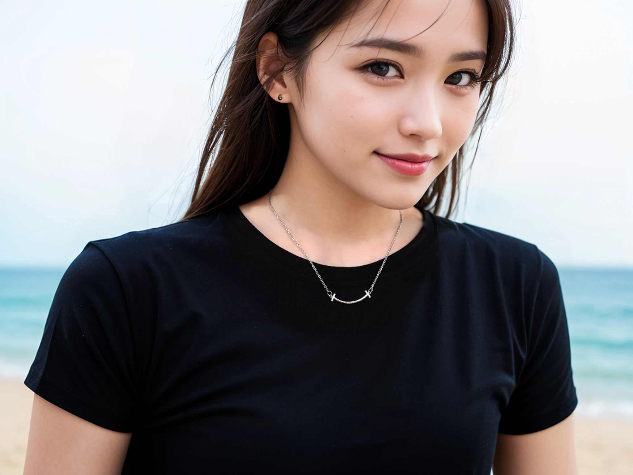 (8k, RAW photo, best quality, masterpiece:1.2, UHD: 1.2), (realistic, photo-realistic:1.37, photorealistic:1.37), beautiful detailed eyes, motion_blur,1girl , solo, Japan woman photo, 27 years old, short hair, upper body, face focus, hawaii beach background, from above, watch the viewer,black t-shirt,smile,