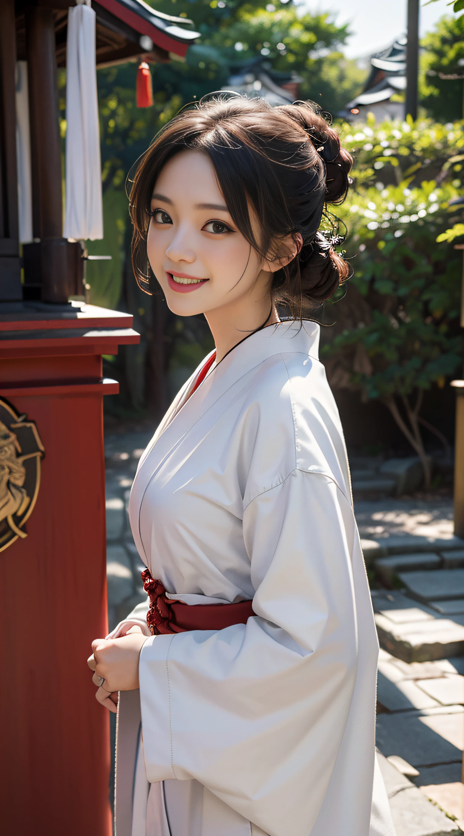 Best quality, ultra-high resolution, masterpiece, photo quality (photorealistic photo: 1.8), pores, precision, priestess, priestess uniform, shrine maiden, pure white light white coat, scarlet hakama, red sleeves, Japan women, one woman, japanes_shrine,19 years old, laughing,