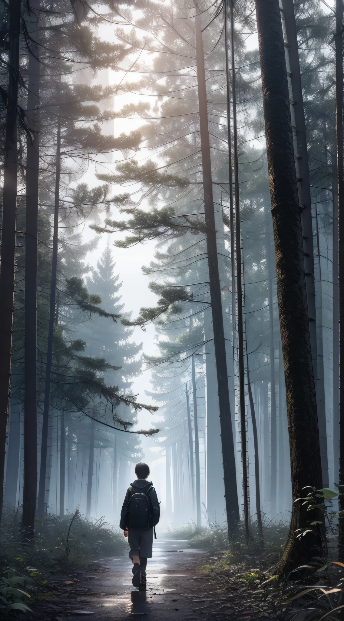 Ridious, high resolution, super detailed, (unattended: 1.3), BREAK, creates images using the prism effect, refracts light and creates a colorful, kaleidoscopic look. BREAK , designed with a fisheye effect to capture a wide field of view with a unique curved viewing angle. BREAK, catch the forest path, a boy walks on the forest path, towering trees, dappled sun, tranquil natural beauty. BREAK , depicting a monochromatic world that uses only black, white, and gray shades to convey depth, emotion, and compelling visual impact.