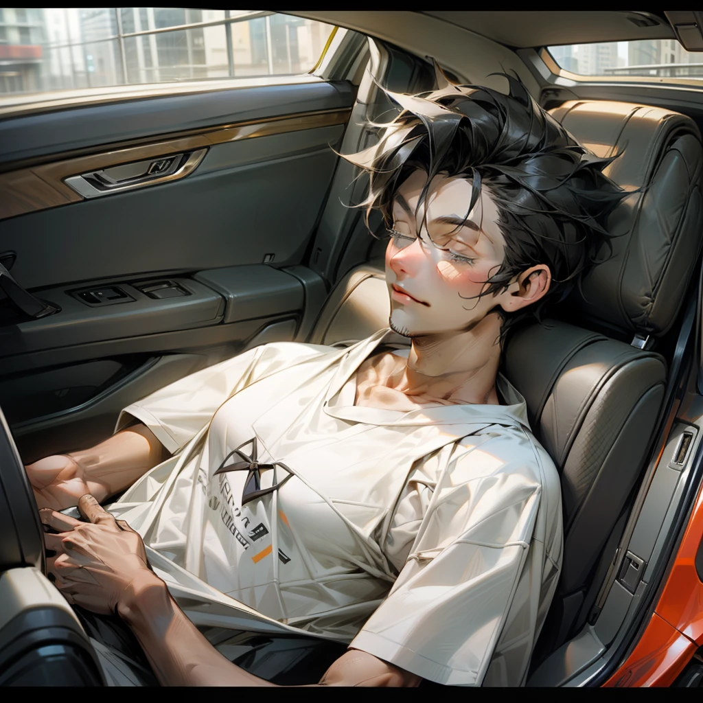(A man in a white T-shirt 1.4)
(Back box of a luxury car 1.5)
(A man with closed eyes lying in the back box 1.4)