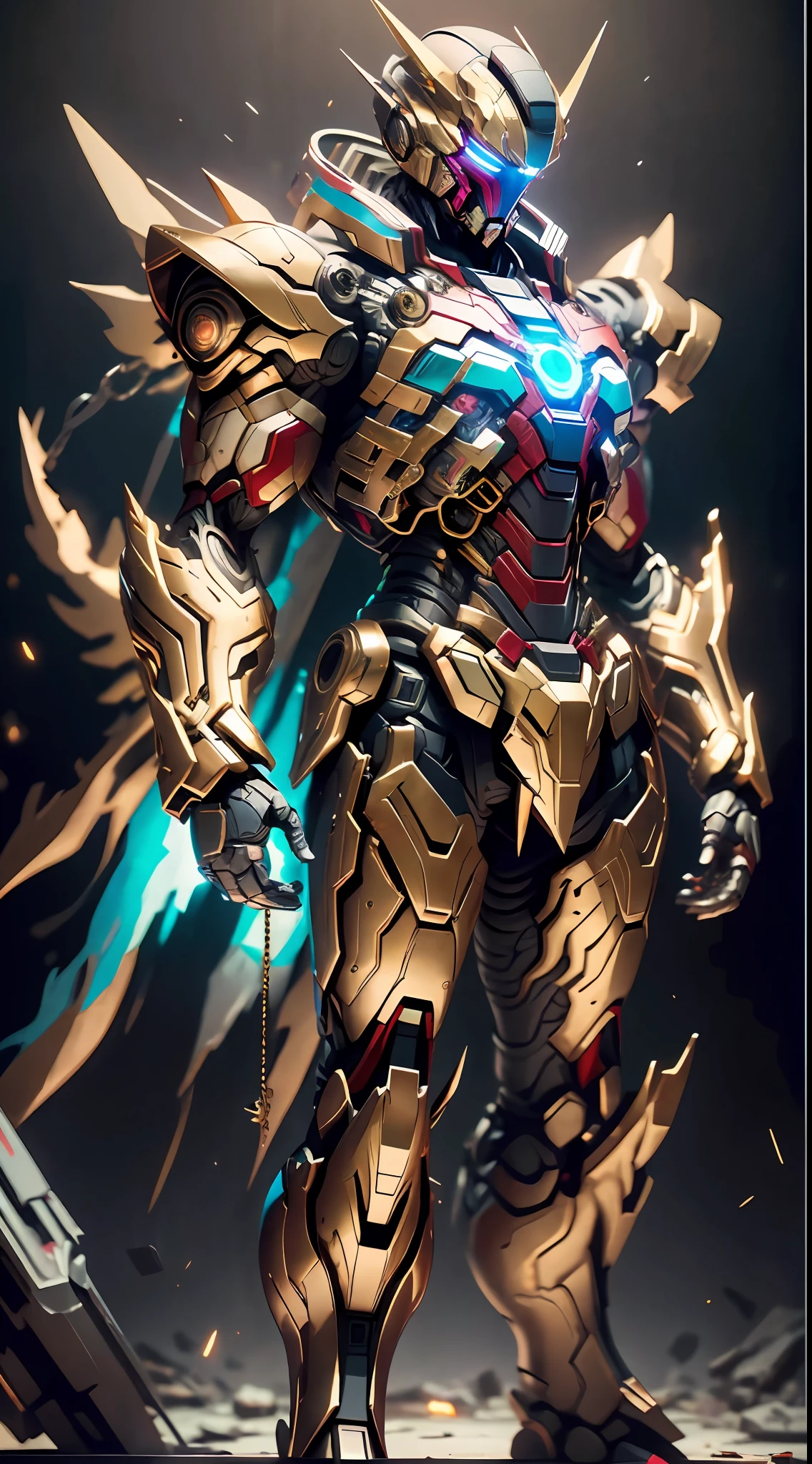Golden Saint Seiya Limb Armor, Marvel Movie Iron Man Cuirass, (Gundam 00 Gundam Exia: 1.5), (Mecha) (Mechanical) (Armor), (Open Leg: 1.3), Perfect, (Wide Angle), (Black Background: 1.6), Best Quality, Masterpiece, Cyberpunk Style, Super Resolution, (Reality: 1.4), 1boy, broad shoulders, cold eyes, crazy details, (hip folds: 1.2), hands crossed at the waist, unrealistic engine style, Boca effect, David La Chapelle style lens, bioluminescent palette: light blue, light gold, bright white, light black, wide angle, super fine, cinematic still life, vibrant, Sakimichan style, perfect eyes, highest image quality 8K, inspired by Harry Winston, Canon EOS R 6 shooting masterpieces "Chaos 50,--, Under Eye Mole, Ray Tracing, Surrealism, Textured Skin, Metallic Shine, Facing the Viewer, On a Thunderous Night, Depth of Field, Full Body, Unreal Engine 5