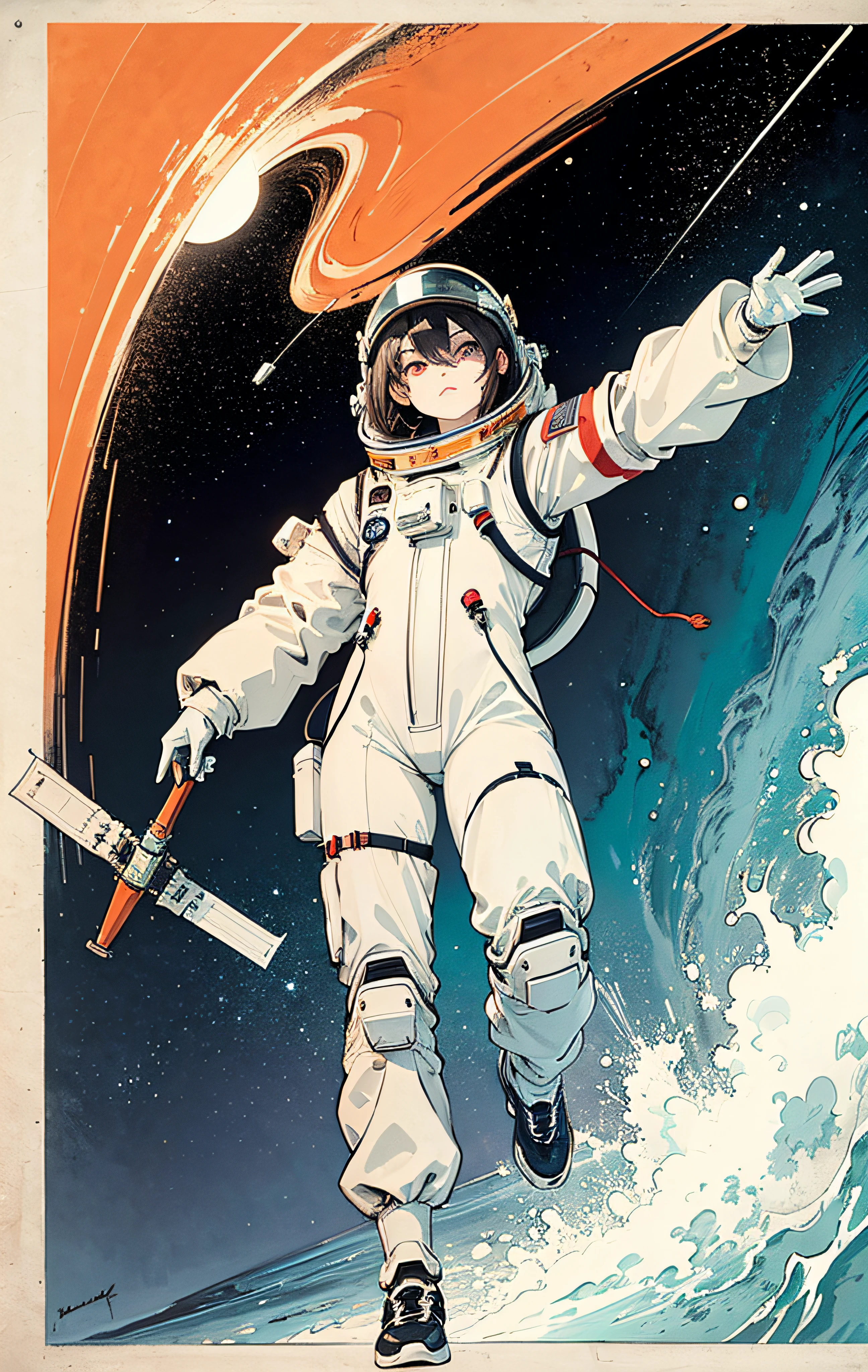 1girl,flat_breasts,cute,beautiful detailed eyes,shiny hair,visible through hair,hairs between eyes, CCCPposter, sovietposter,red monochrome,soviet poster, soviet,communism,
Black_hair,red_eyes,vampire,teenage,poorbreast,Spacesuit:Orange_clothing_body:jumpsuit),white_gloves, white_space shoes, white_helmet, the CCCP red letters on the top of helmet, weightlessness, Side light, reflection, The person in the spacesuit is at the bottom left of the frame, The right hand is outstretched, the right hand gently touches the Salyut space station), Space station in the upper right corner of the screen, Reflected light from the sun, Silver metal,red flag, brilliance,USSR style, diffuse reflection, Metallic texture, The vista is a blue Earth,mecha style,the sea of star,high tone, magnificent