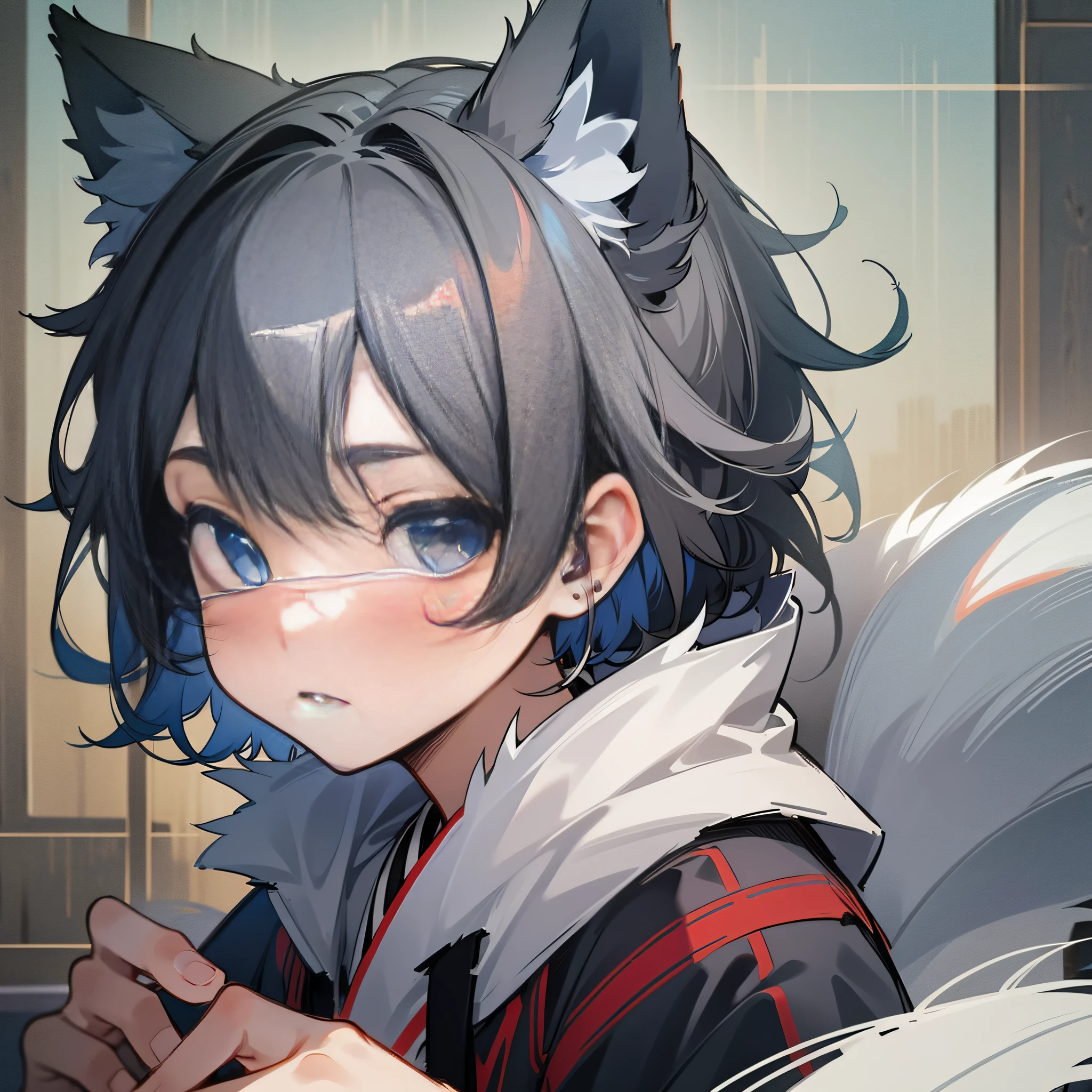(1 girl), (shota), (HD quality, masterpiece level), cute teen characters, dark gray hair, blue eyes, (wolf ears), (wolf tail), one tail, (no ears), (little boy), (ear covered), (hair covered ears), face camera, tachi-e,