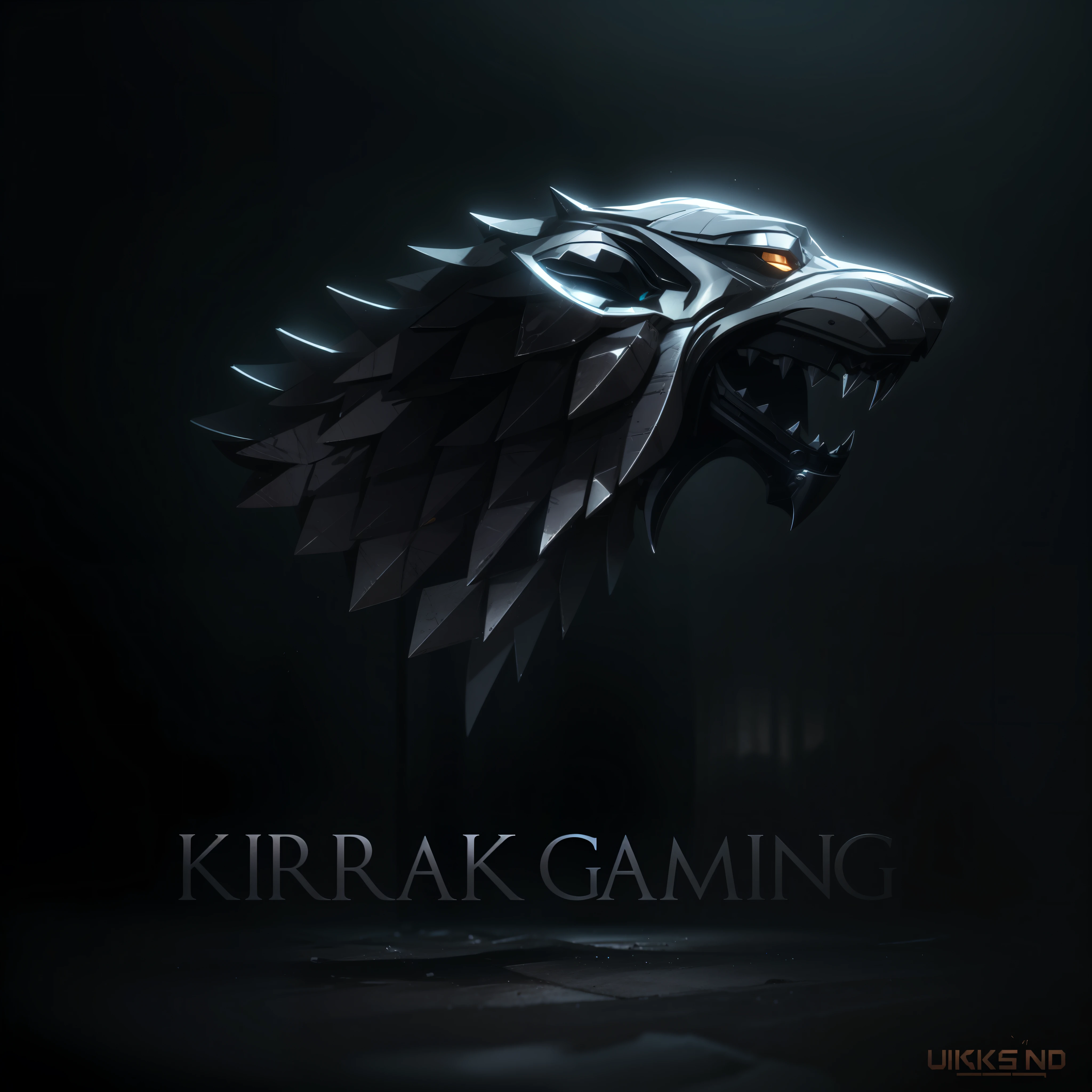 Logo House Stark, a wolf, Cinematic, realistic, metallic, Ray Tracing, 3D, volumetric, unreal engine 5 . Black background.