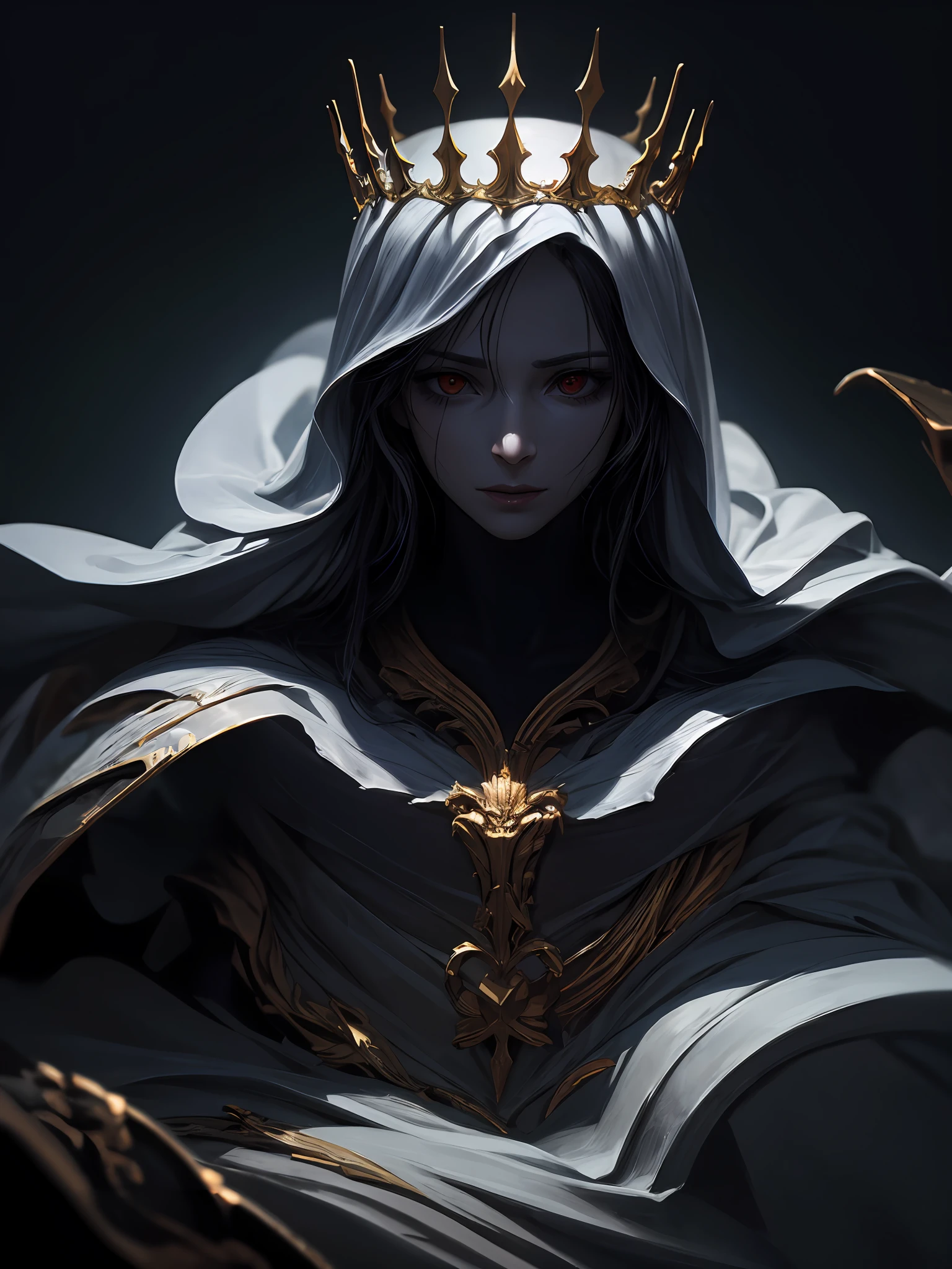 parameters Mythological painting style, depicting a demon king, Sauron, golden wings, religious art, pagan, white demon, white hood cover face, white robe, fear of the abyss, demon king, Man with demonic powers, closeup, golden halo, crown, dark eyes, screaming, pain, Greg Rutkowski, zbrush, epic fantasy scene, oil painting, supernatural realism, digital art, mysterious text crawling all over body, perspective , closeup, digital painting, artstaion artwork, vanishing point, film lighting, high contrast, closeup, realistic texture, unreal engine, broken pumice stone, gold thread, white statue, mystery, cryptic writing