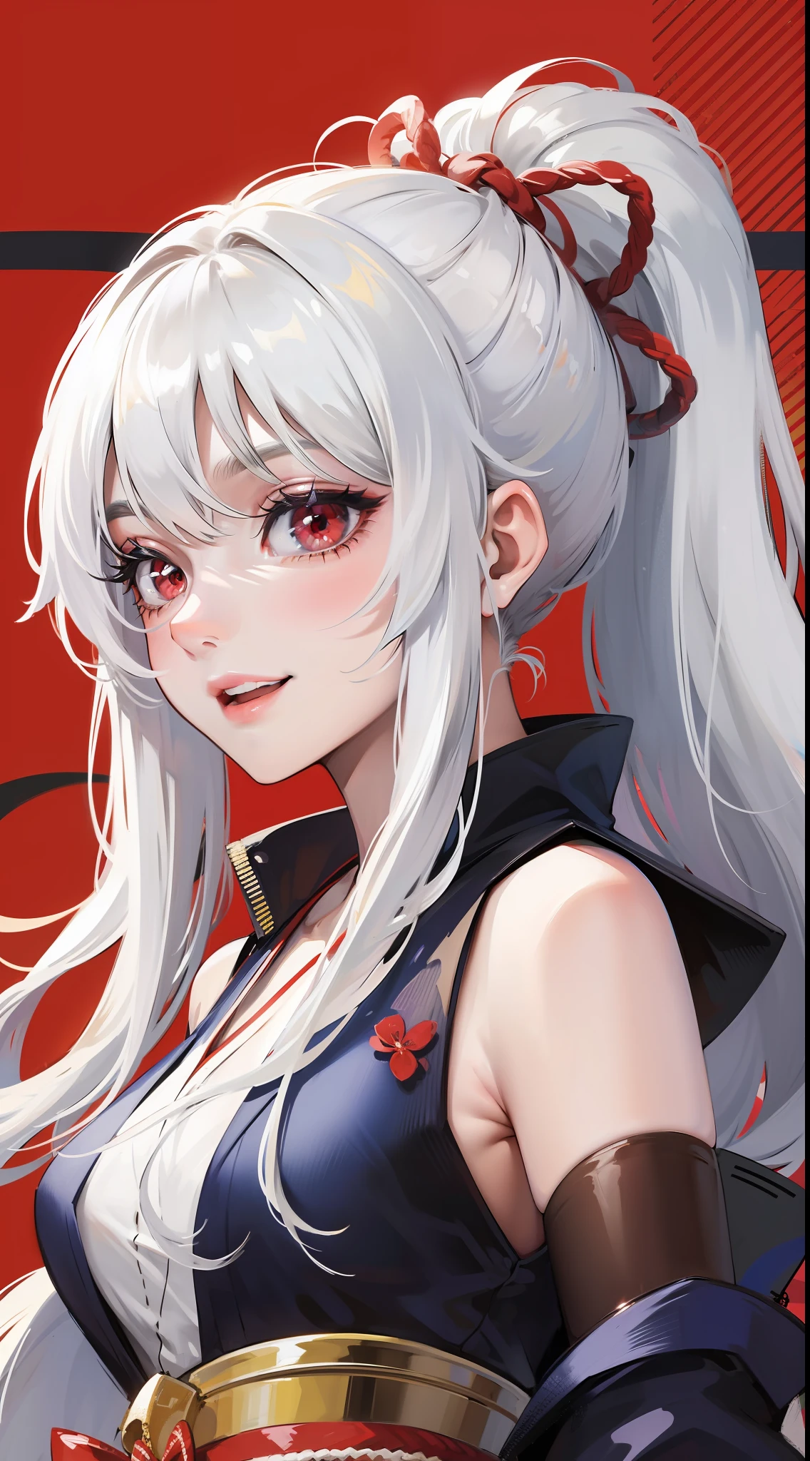 Young girl, long white hair, high ponytail, red eyes, blue sleeveless samurai kimono, smile, masterpiece, high quality