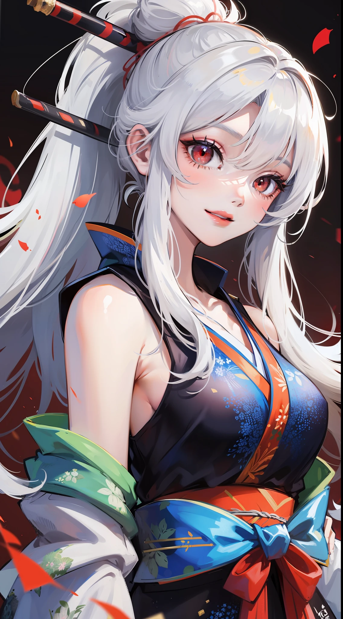 Young girl, long white hair, high ponytail, red eyes, blue sleeveless samurai kimono, smile, masterpiece, high quality