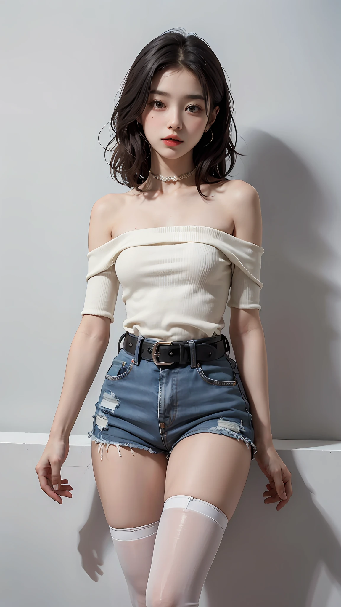 Cute school flower, soft little hands, perfect body, pear-shaped body, petite and cute, small man's waist, tight hip-wrapped jeans short, sleeveless off-the-shoulder short clothes, transparent black tights, thigh tie exquisite belt. Short powder blue clothes. Delicate depiction of small hands