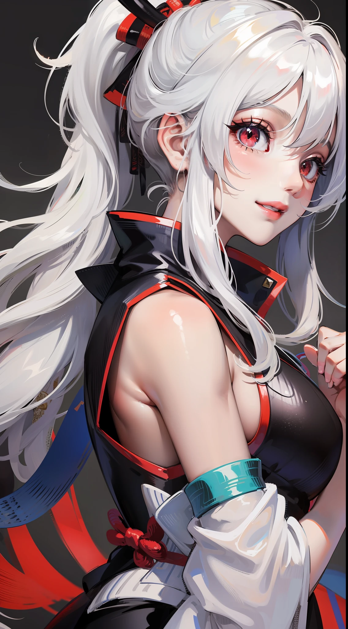Young girl, long white hair, high ponytail, red eyes, blue sleeveless samurai kimono, smile, masterpiece, high quality