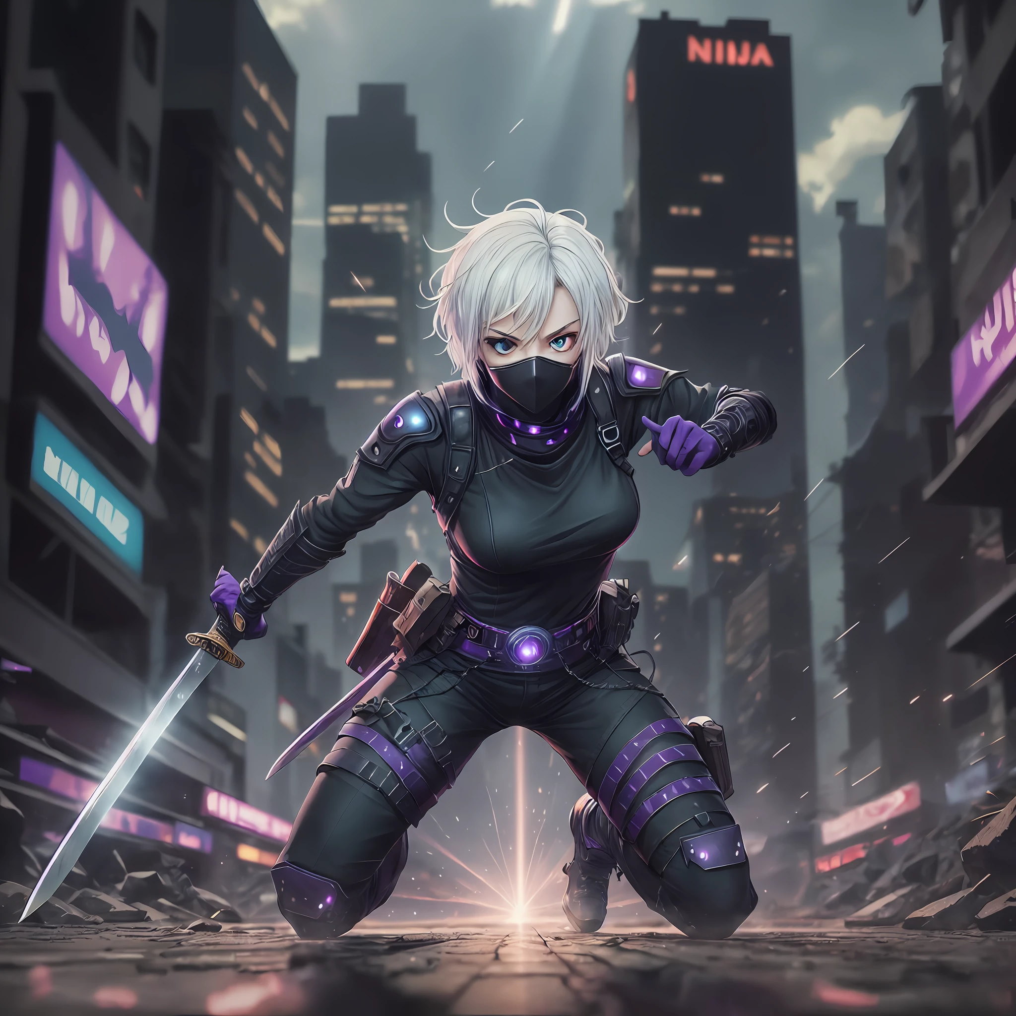 ninja, cyberpunk city background, 1 woman, white hair, blue eyes, dynamic pose, war scene, bodies on the ground, holding a katana, night, black uniform, katana emanating a black aura with purple, backlighting, reflection light, god rays, film grain, flower, backlighting, reflection light, god rays, blurred, cinematic lighting, motion blur, masterpiece,  best quality, masterpiece, super detail, high quality, best quality, 16k, HD, high details, detailed eyes, eye sparkles, high eye details