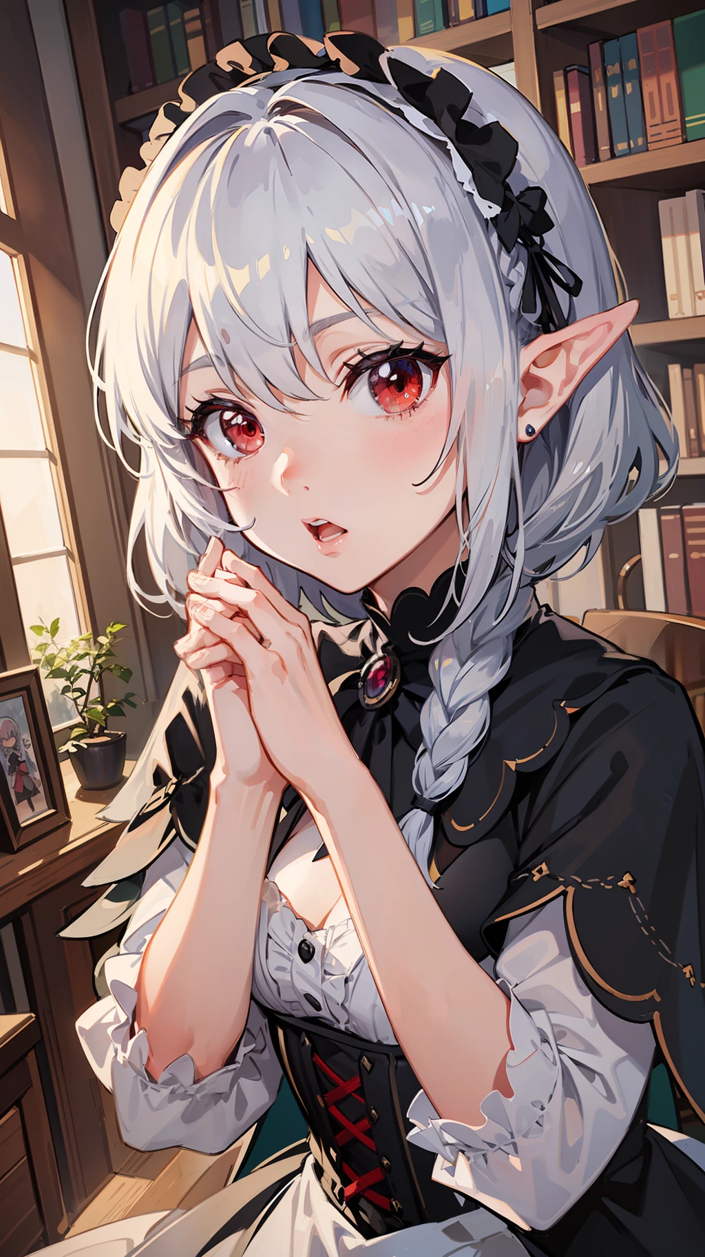 ((Put both hands on your face)), (surprised)), (Red face), 1 girl closeup, Elf, Silver hair, Red eyes, Braid hair, Bob cut, Gothic ta, Black dress, Ruffles, Tights, Cape, Library, Mirror, TS, Concept art, Beautiful anime scene, Beautiful anime scene, Beautiful anime scenery, Best quality, Masterpiece, 4K