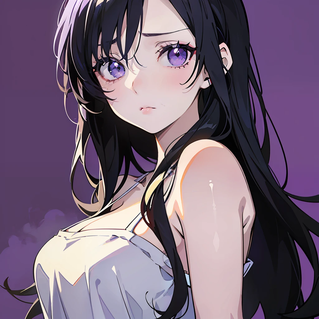 ((masterpiece)), ((best quality)), ((anime)), ((old effect)), ((90s anime)), girl, pale skin, ((eyes)), ((perfect )), eyebrow, nose, ear, mouth, lips, ((sad)), big black hair, ((dark purple background)), ((flushed)), lascivious,