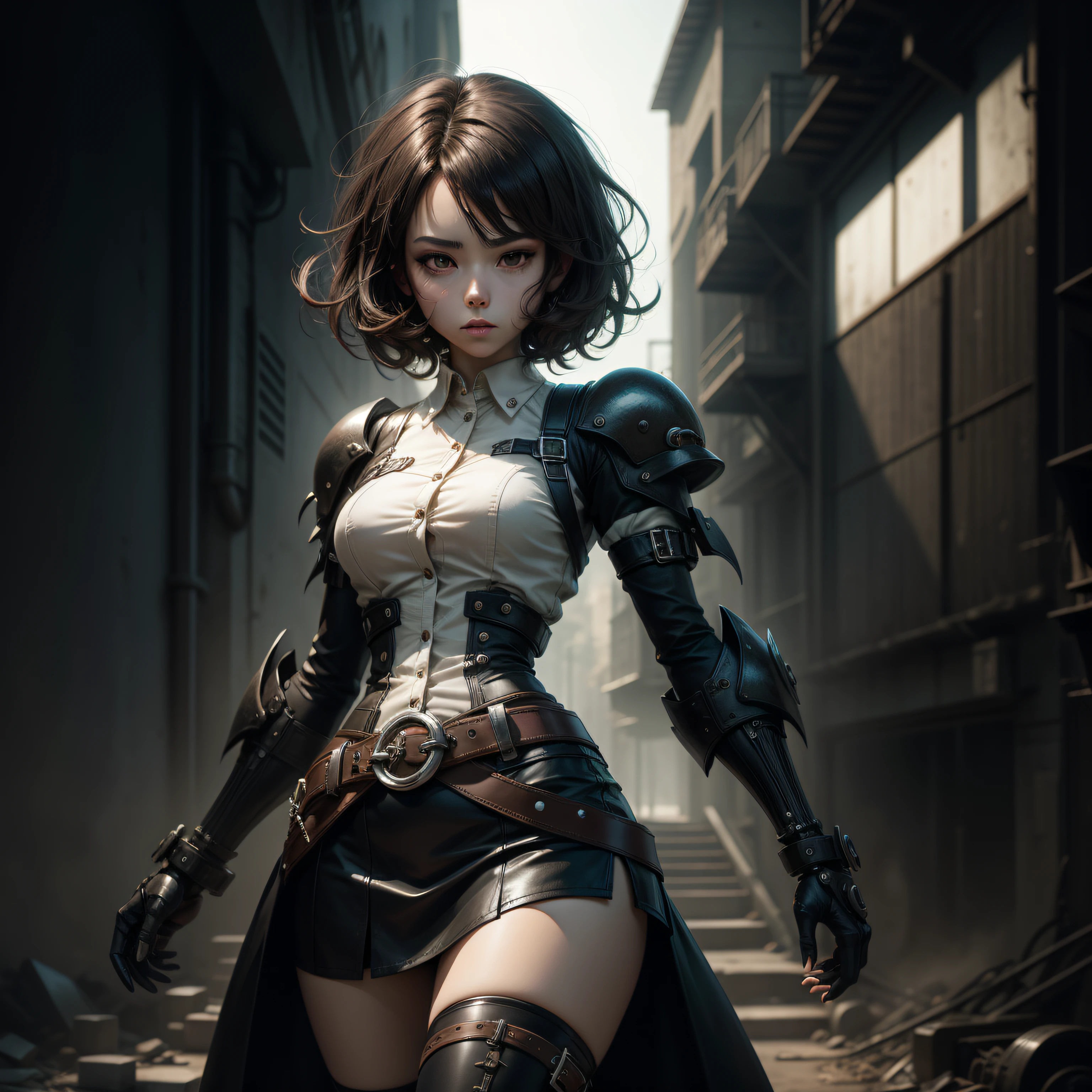 HD, high quality, 4k, anime girl, short dark hair, brown eyes, belts, long white shirt and black skirt, mechanical parts, gothic style, dark background, digital art