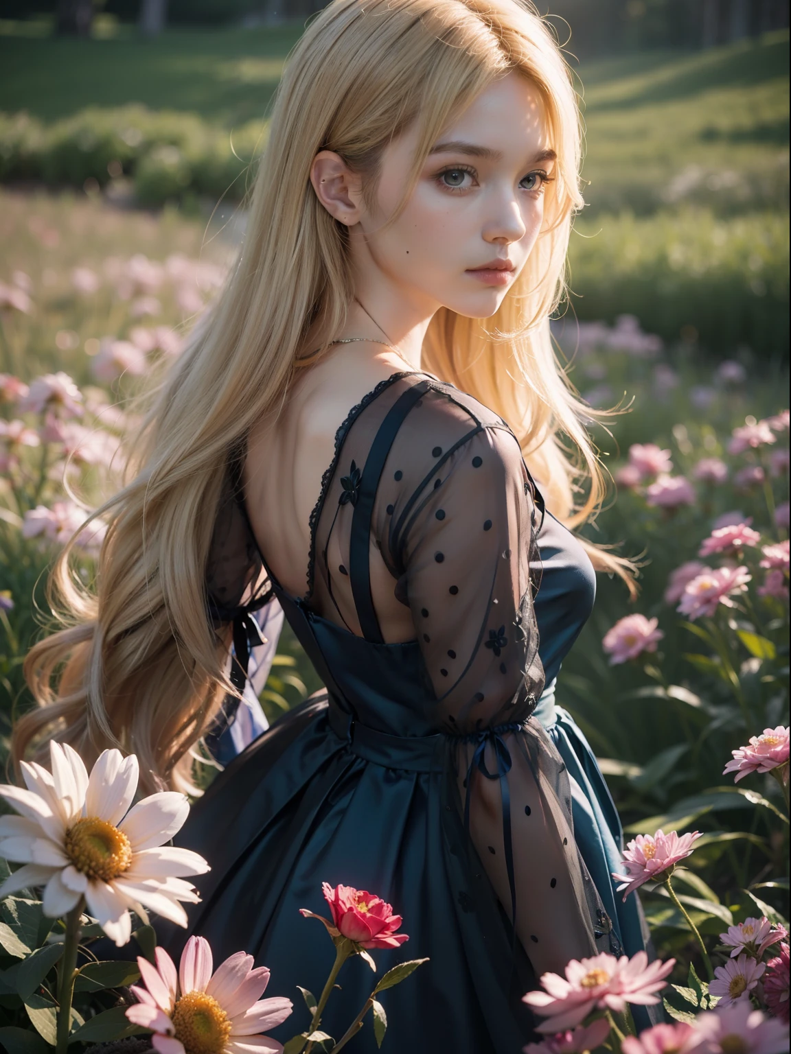 a peaceful fantasy game character standing sideways, sunset, wild flowers, soft body, flowing hair, polka dot gown, Shadow play, top view, light, glossy blonde hair, earthy, vivid, red, black, blue , cinematic, Film light, Hyper detailed, Hyper realistic, masterpiece, atmospheric, High resolution, Vibrant, High contrast, dark angle, art by Koos Roos, 8k, HDR, 500px