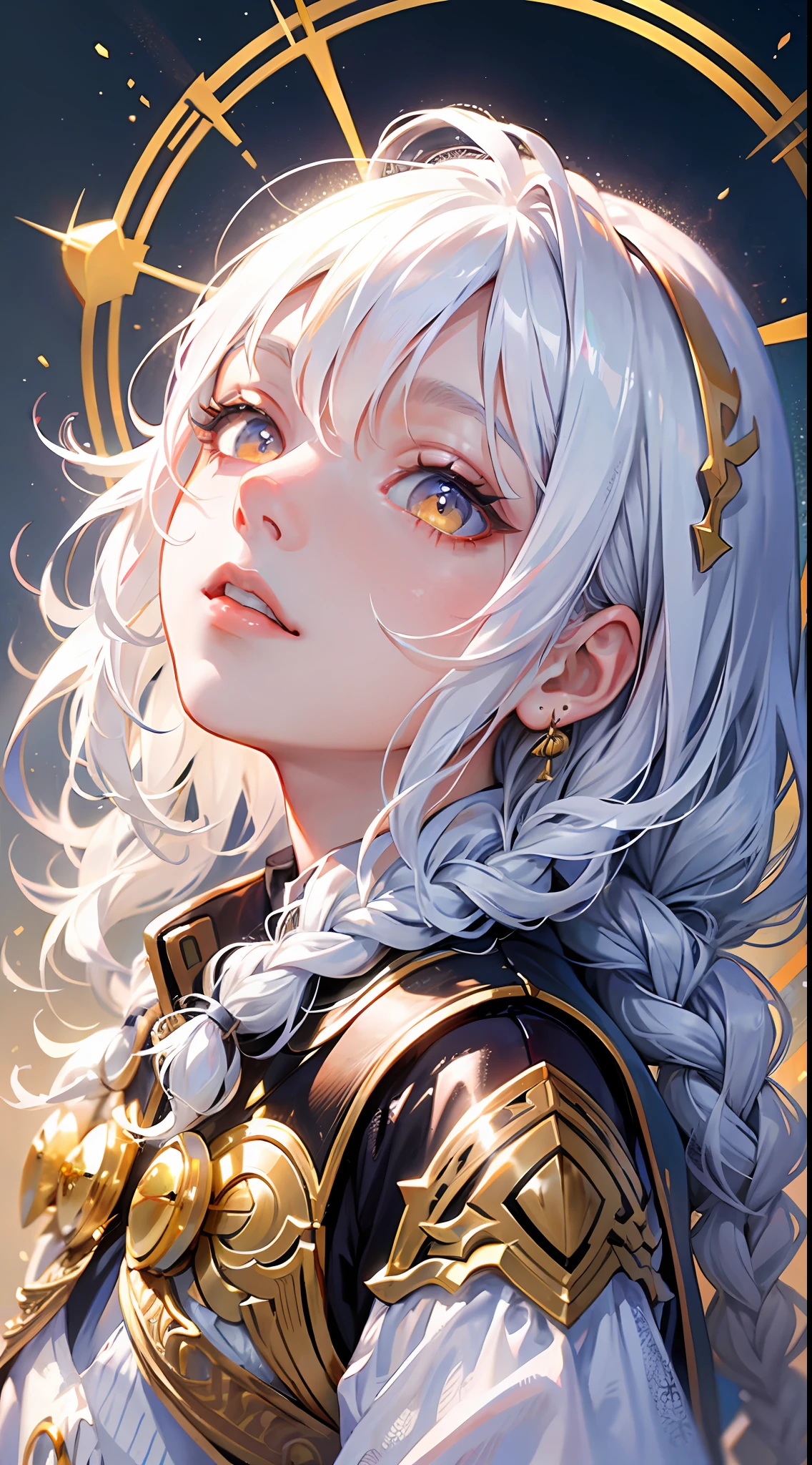 best quality, masterpiece,white hair, gold eyes,white clothes, looking up, upper body,hair strand,Fair skin,side braids