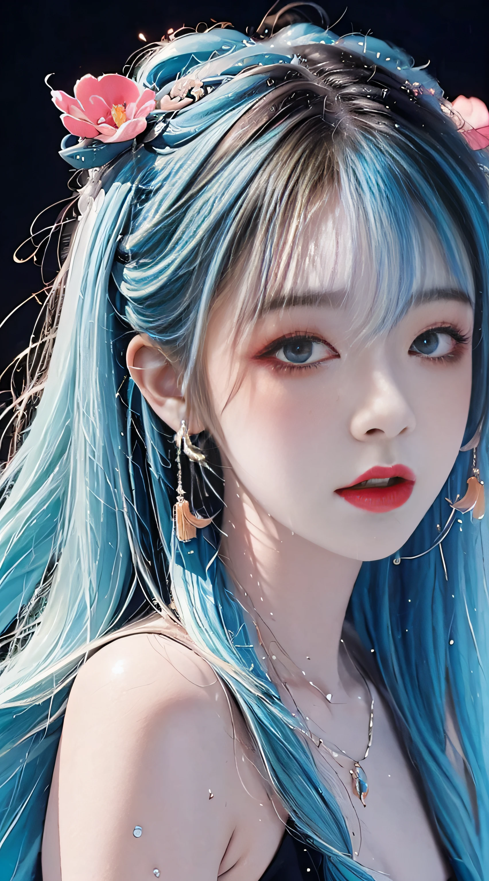 (Masterpiece, Best Quality, High Resolution), White Background, Acrylic Paint, ((Color Splash, Splash of Ink, Color Splash)), Sweet Chinese Girl, Long Light Blue Hair, [Light Blue|Pink] Hair, Curly Hair, Glitter, Peach Lips, Front, Upper Body