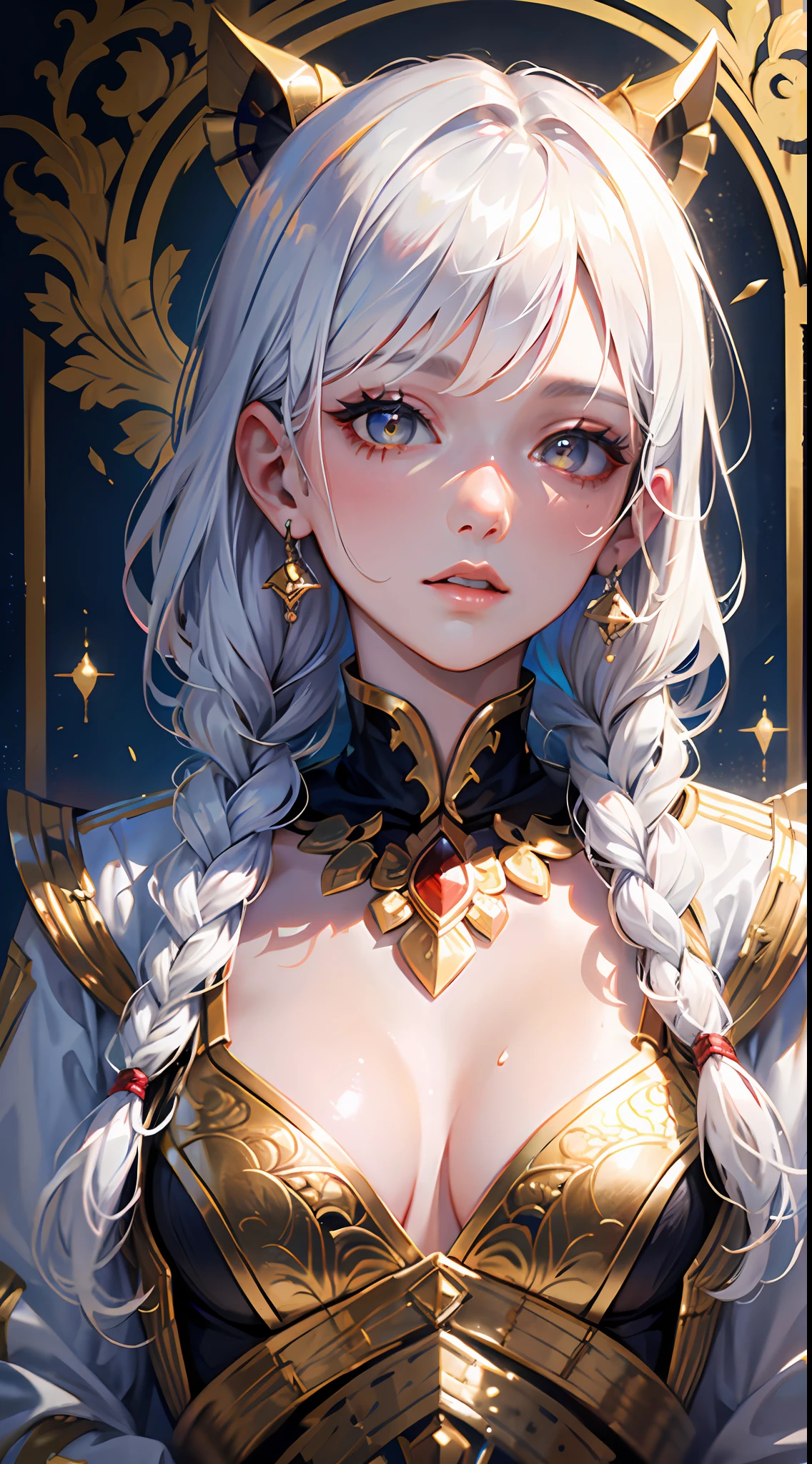 best quality, masterpiece,white hair, gold eyes,white clothes, looking up, upper body,hair strand,Fair skin,side braids
