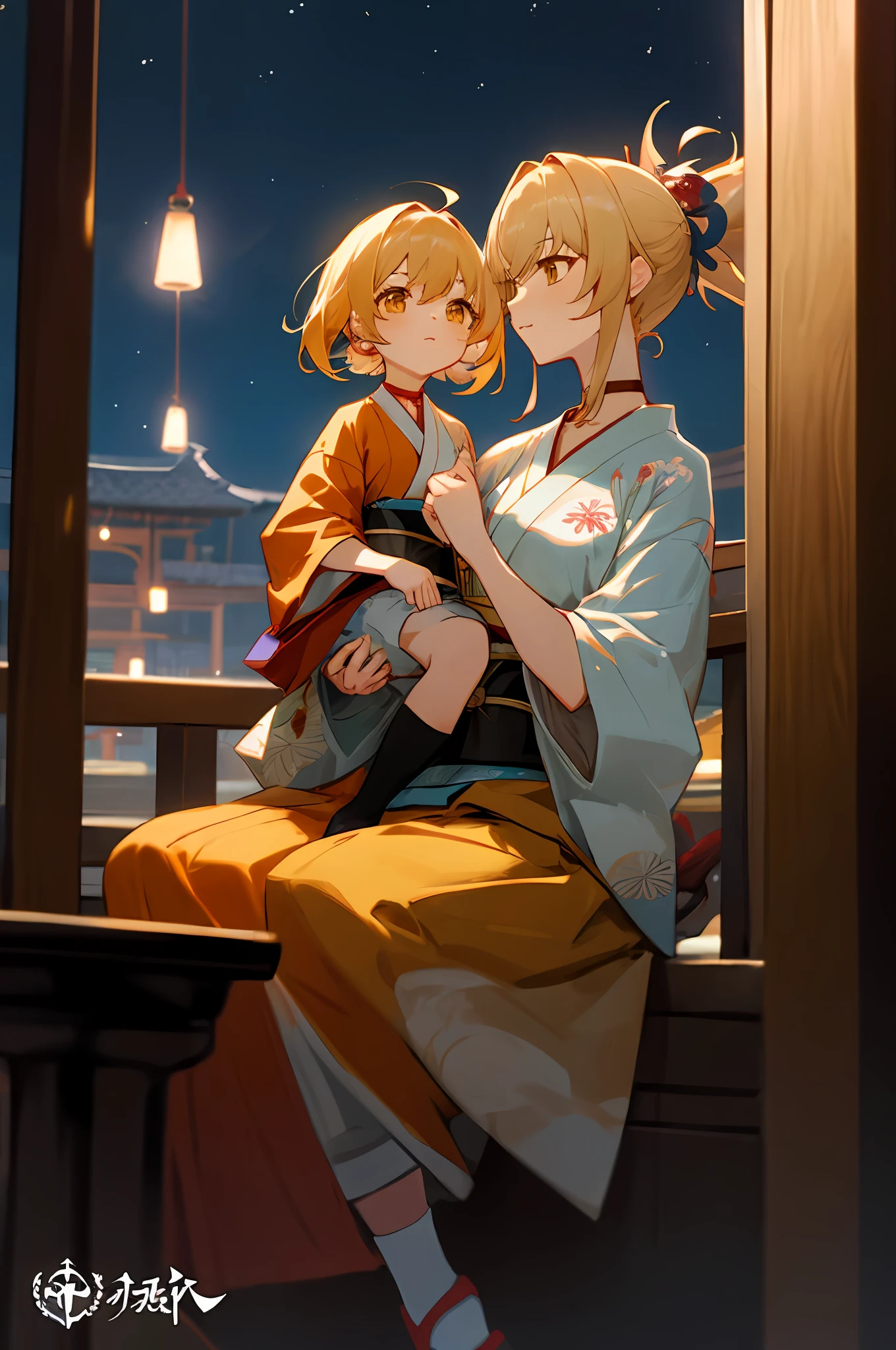 anime image of two women dressed in traditional japanese clothing in japanese village, palace a girl in hanfu, wlop and sakimichan, yellow haired deity, characters from azur lane, anime fantasy illustration, from the azur lane videogame, genshin, artwork in the style of guweiz, yoimiya detailed art, two beautiful anime girls, yellow hair, mother and child, sitting in a japanese house, rim lighting, night, fireworks, looking up, lightened face
