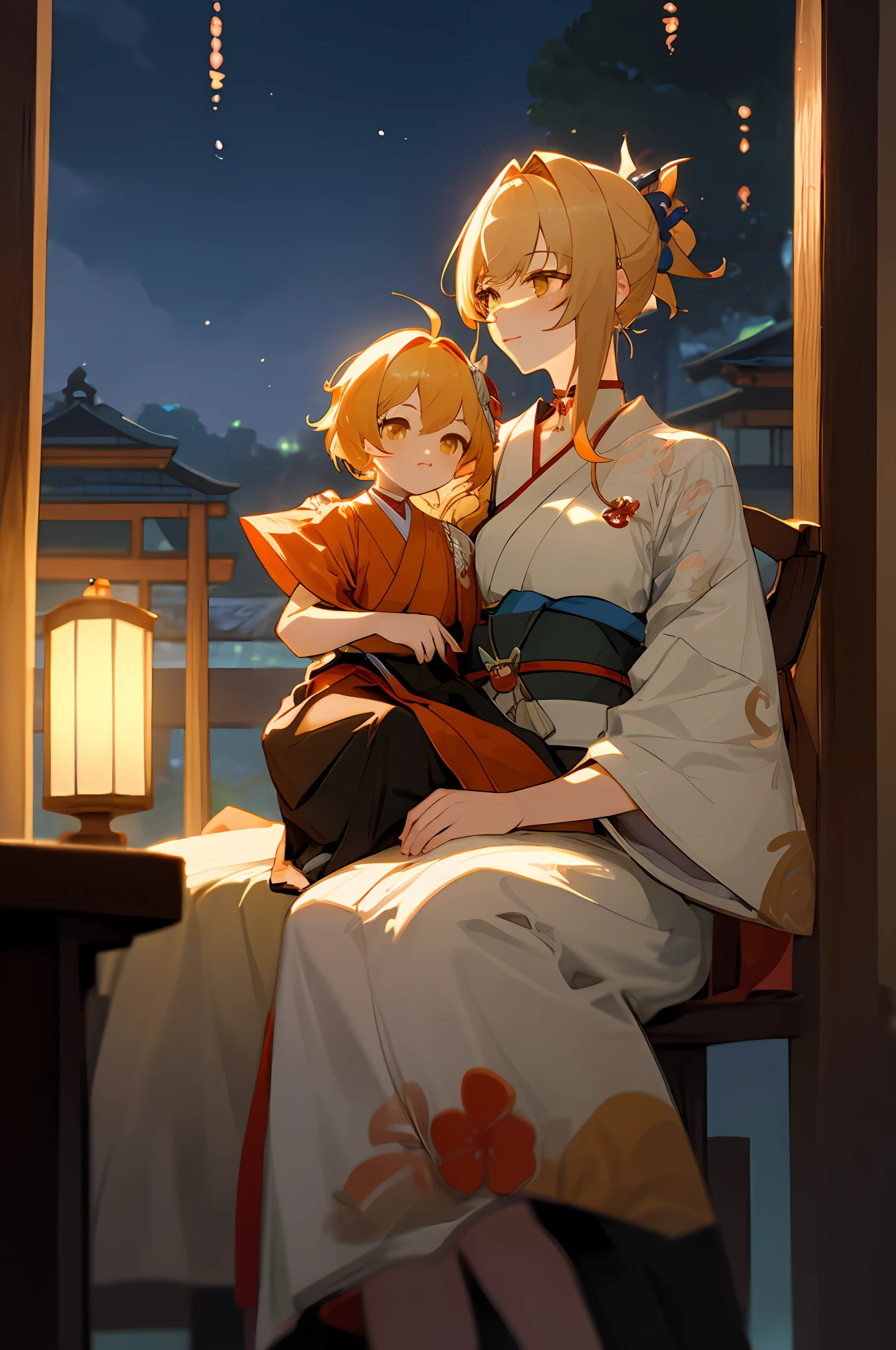 anime image of two women dressed in traditional japanese clothing in japanese village, palace a girl in hanfu, wlop and sakimichan, yellow haired deity, characters from azur lane, anime fantasy illustration, from the azur lane videogame, genshin, artwork in the style of guweiz, yoimiya detailed art, two beautiful anime girls, yellow hair, mother and child, sitting in a japanese house, rim lighting, night, fireworks, looking up, lightened face