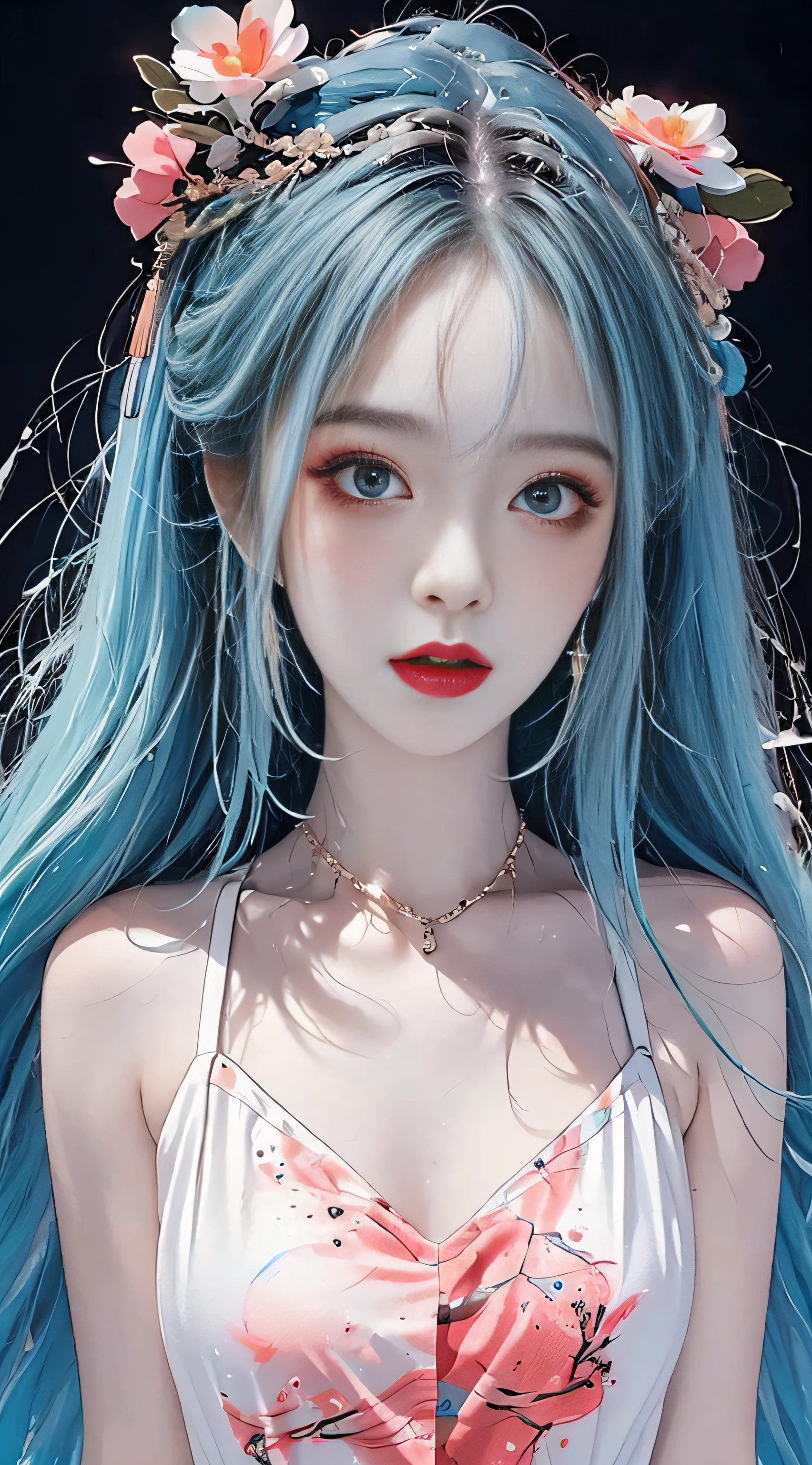 (Masterpiece, Best Quality, High Resolution), White Background, Acrylic Paint, ((Color Splash, Splash of Ink, Color Splash)), Sweet Chinese Girl, Long Light Blue Hair, [Light Blue|Pink] Hair, Curly Hair, Glitter, Peach Lips, Front, Upper Body