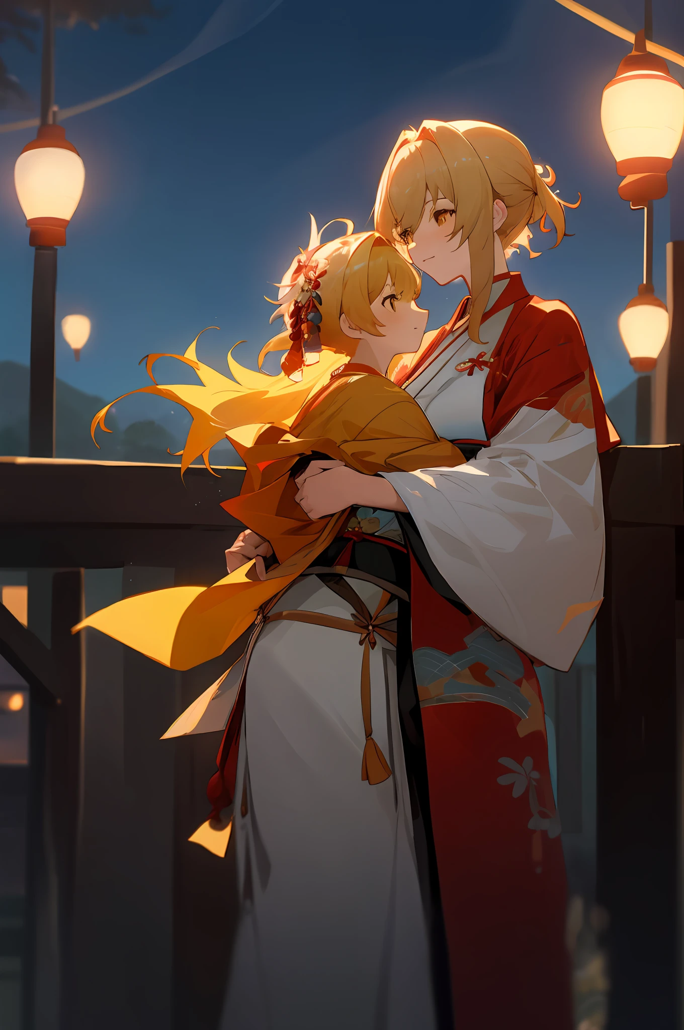 anime image of two women dressed in traditional japanese clothing in japanese village, palace  a girl in hanfu, wlop and sakimichan, yellow haired deity, characters from azur lane, anime fantasy illustration, from the azur lane videogame, genshin, artwork in the style of guweiz, yoimiya detailed art, two beautiful anime girls, yellow hair, mother and , Hair: blond hair, rim lighting, night, fireworks, looking up, lightened face, firework