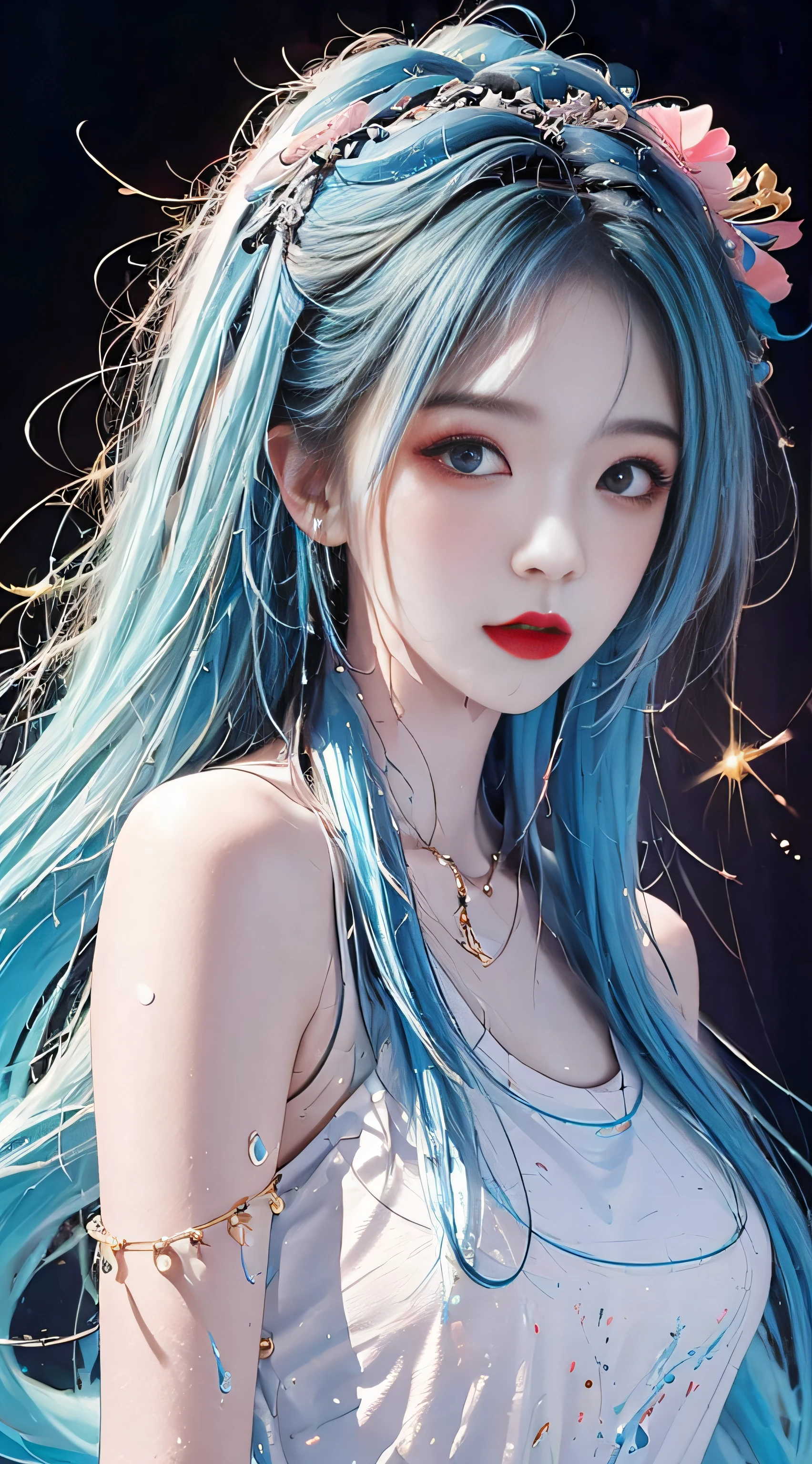 (Masterpiece, Best Quality, High Resolution), White Background, Acrylic Paint, ((Color Splash, Splash of Ink, Color Splash)), Sweet Chinese Girl, Long Light Blue Hair, [Light Blue|Pink] Hair, Curly Hair, Glitter, Peach Lips, Front, Upper Body