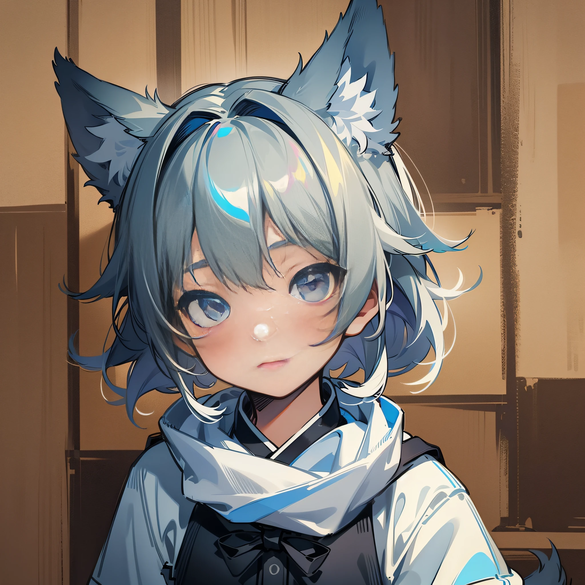(1 girl), (shota), (HD quality, masterpiece level), cute teen characters, dark gray hair, blue eyes, (wolf ears), (wolf tail), one tail, (no ears), (little boy), (ear covered), (hair covered ears), face camera, tachi-e,
