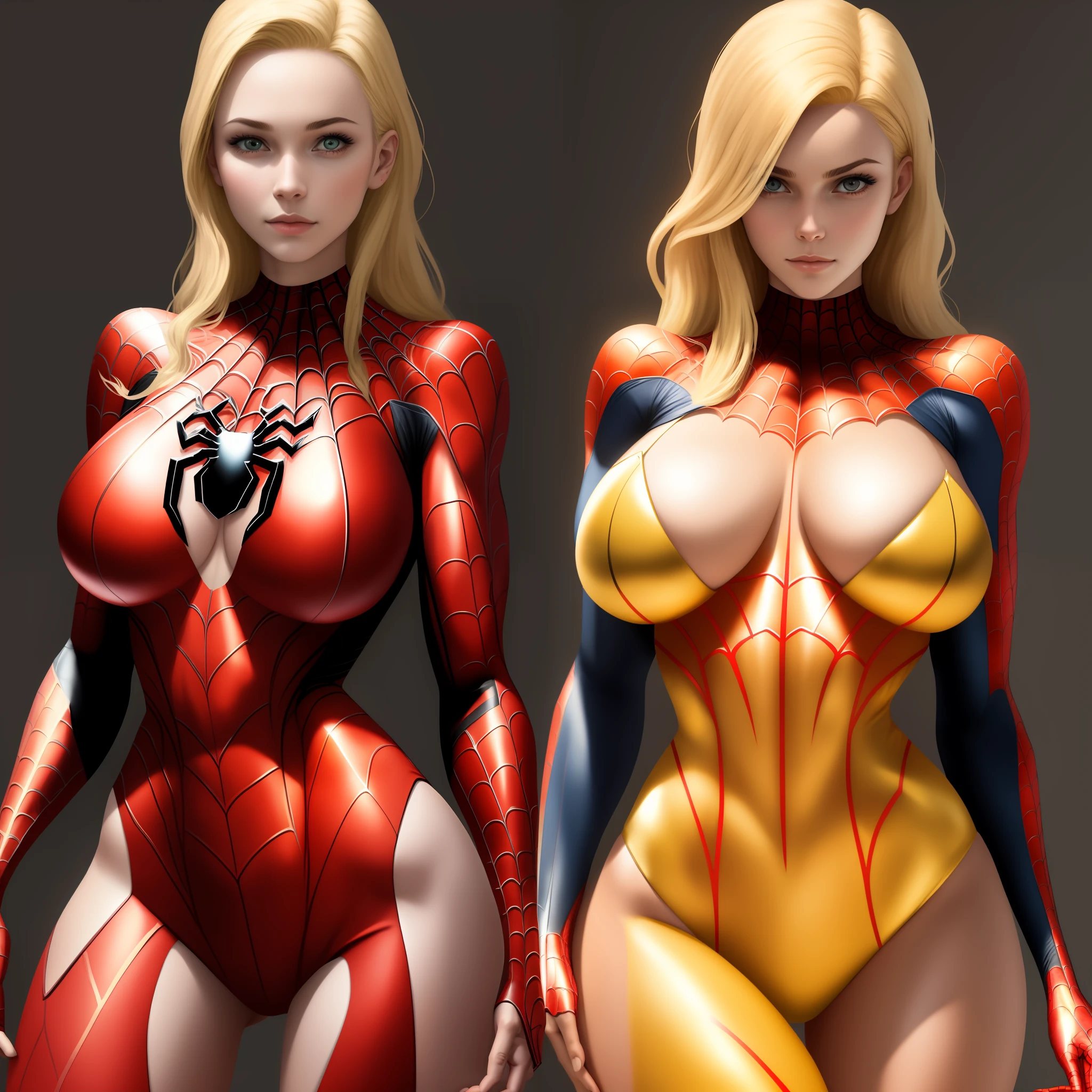 Beautiful blonde woman detailed defined body using golden spider man cosplay, huge breasts, no panties