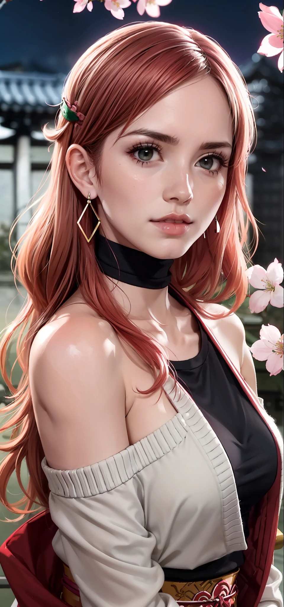 (Masterpiece, Excellent, 1girl, solo, complex details, color difference), realism, ((medium breath)), off-the-shoulders, big breasts, sexy, Yae Miko, long pink hair, red headdress, red highlight, hair above one eye, green eyes, earrings, sharp eyes, perfectly symmetrical figure, choker, neon shirt, open jacket, turtleneck sweater, against the wall, brick wall, graffiti, dim lighting, alley, looking at the audience, ((mean, seductive, charming)), ((cherry blossom background ))),((Japanese temple background)))), (((Glow-in-the-dark background)))