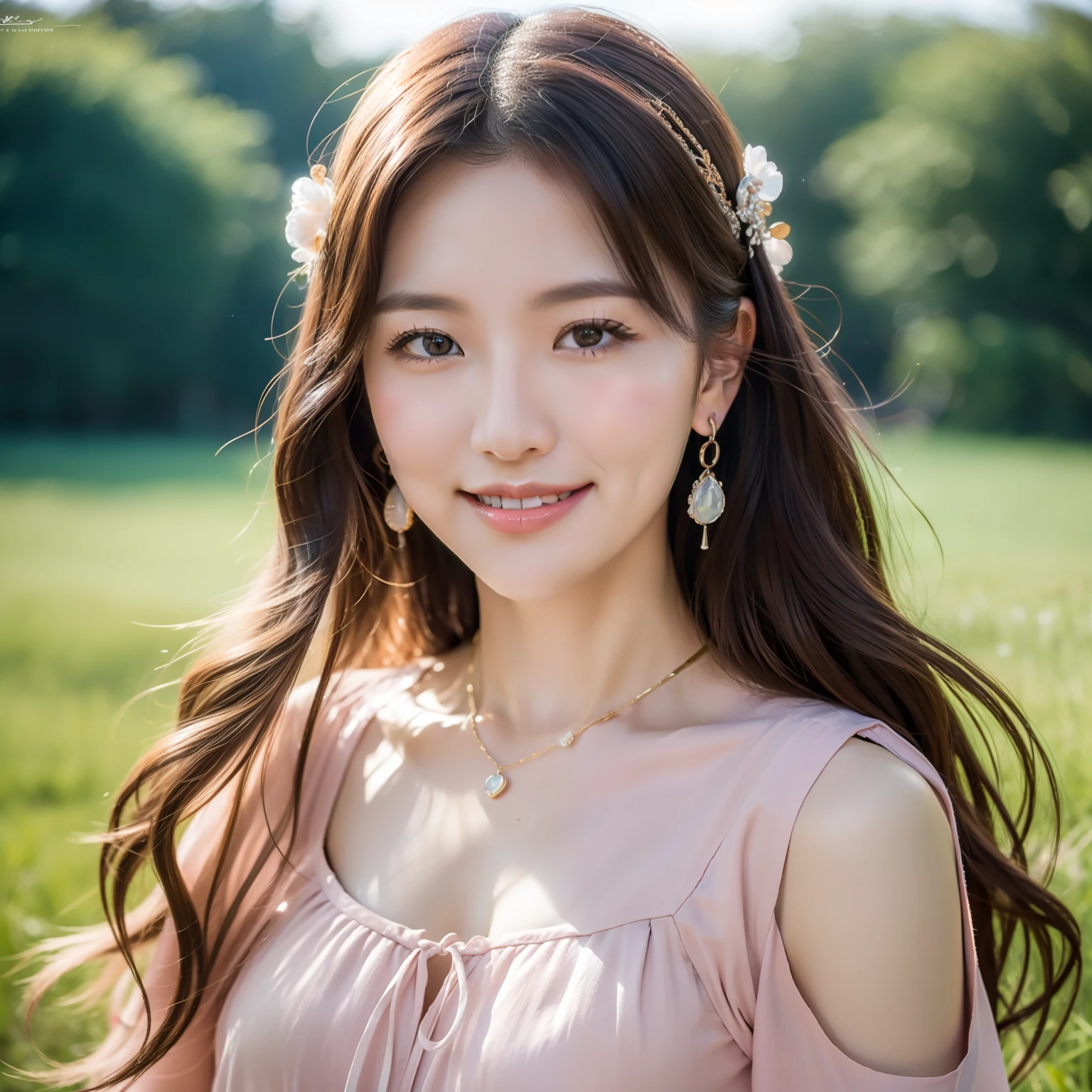 Best, Masterpiece, High Resolution, 1 Girl, Blush, (Seductive Smile: 0.8), Hair Accessories, Necklace, Jia, Tyndall Effect, Realism, Light Edge, Two-tone Lighting, (High Detail Skin: 1.2), 8K Ultra HD, DSLR, High Quality, Volume Lighting, Voy Shot, Photo, High Resolution, 4K, 8K, Background Bokeh, Gorgeous Clothes, Earrings, 35mm, High Detail Hair, Bust, Portrait, Ultra Clear Face, (Lakeside, Meadow)