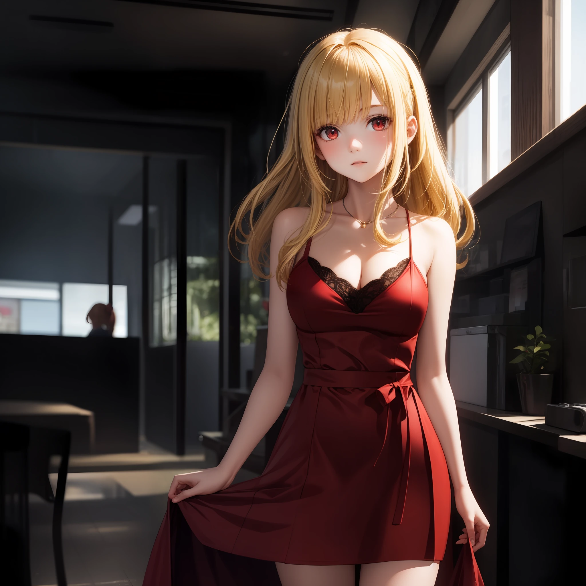 blonde, red eyes, girl, alone, solo, 1girl, bright red dress