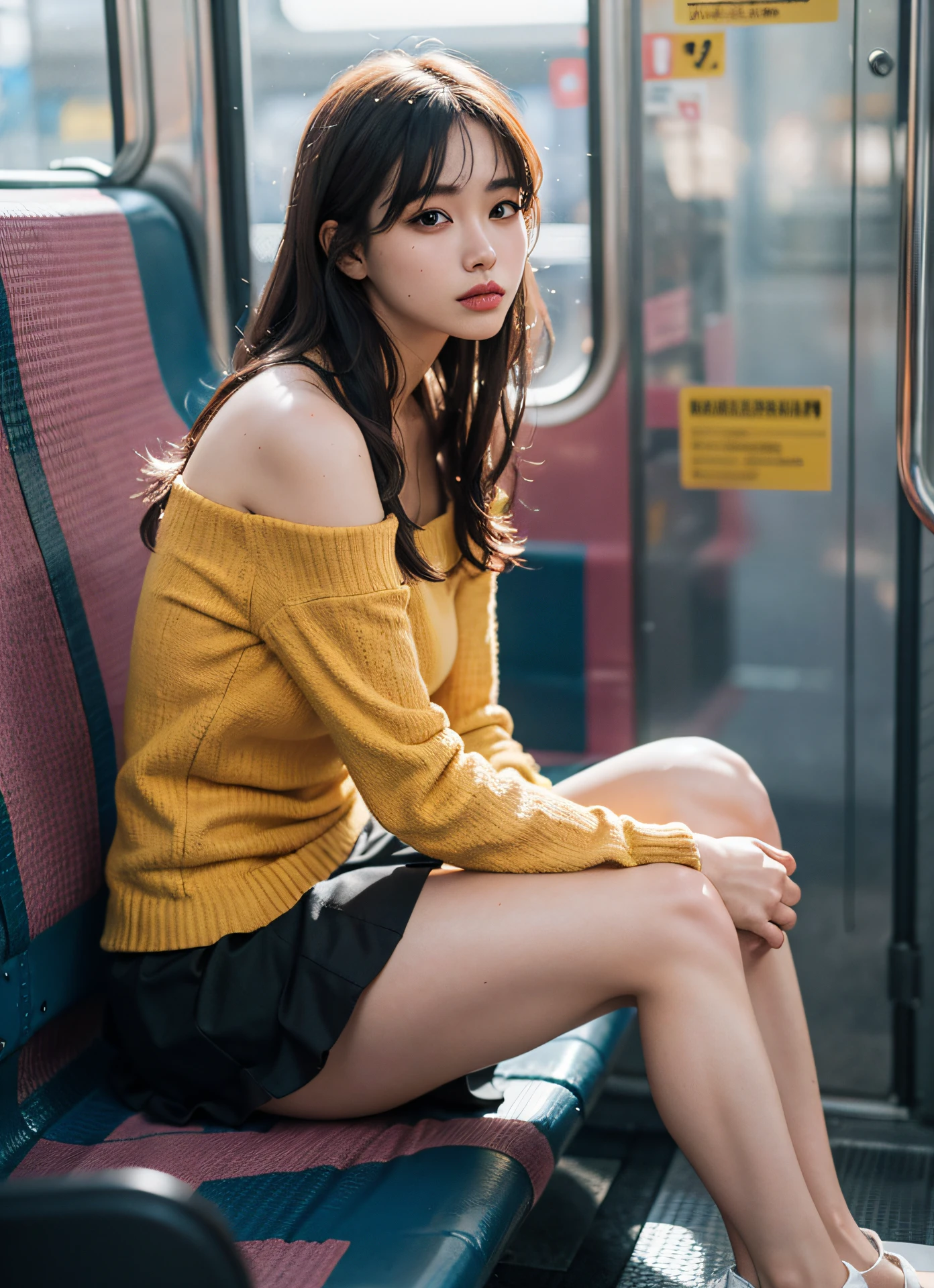 (8k, RAW photo, best quality, masterpiece:1.2), skin real life, 1girl sitting in (subway:1), 3d, Asian, bangs, bare_shoulders, (crop-top:1), breasts, brown_eyes, colorful_hair, long_sleeves, looking_at_viewer, medium_breasts, navel, nose, off_shoulder, open_clothes, short skirt, realistic, ((colorful shirt)), solo, (full_body), Shiny skin, beautiful delicate face, beautiful delicate eyes ,(realistic, photo realistic:1), (subway background:1), ((panties)) , spread legs , (sort color theme) , girl sitting on a train seat