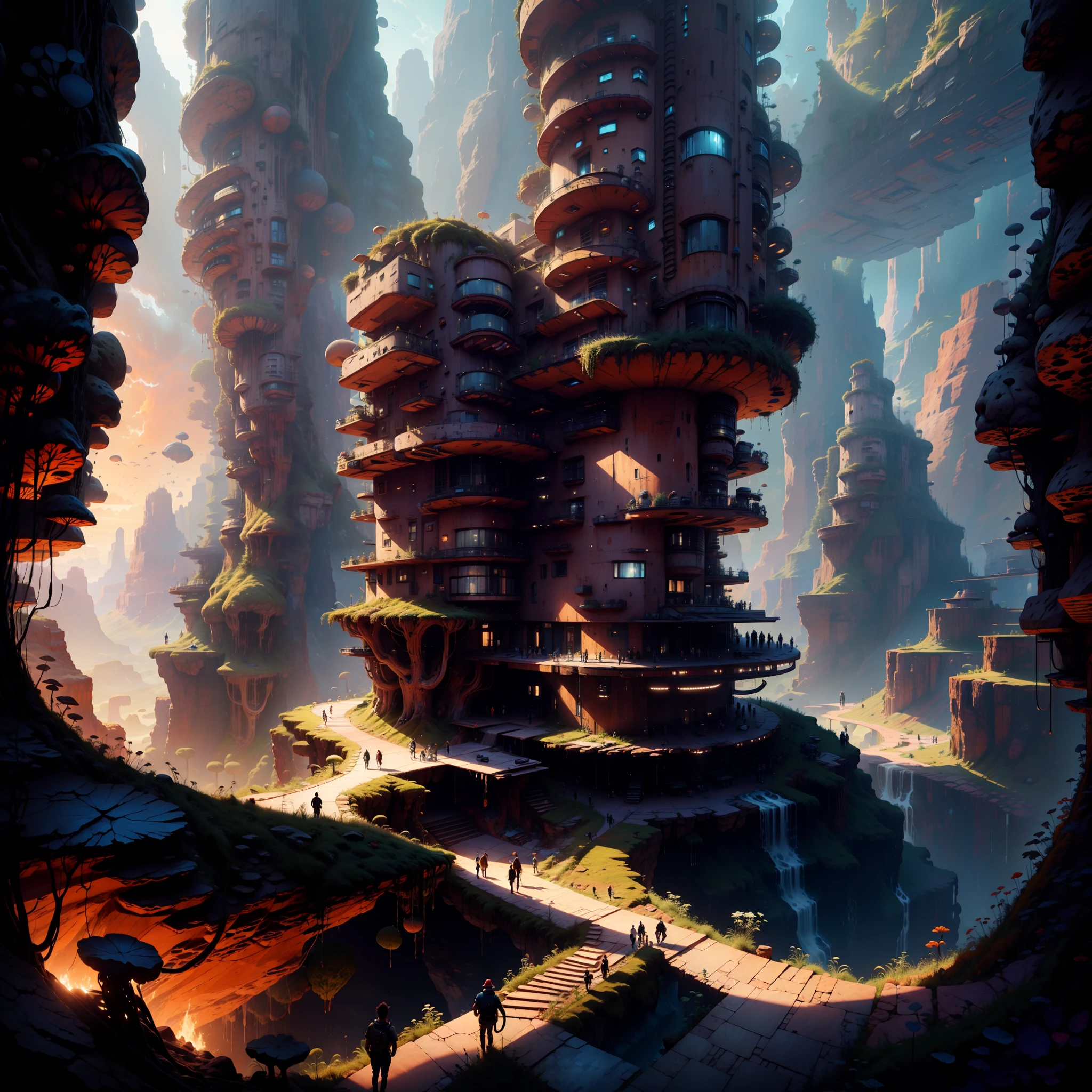 Futuristic design of cave architecture interiors concept art on grand Canyon caves nature architecture, proportional,detailed, cave architecture nature meets futuristic architecture by Toyo Ito ,residential area, futuristic development, high rise made up staircases, balconies, full of rock and glass facades, residential spaces carved from cliff side ,trending on artstation, beautiful lighting,In the style of Jean Nouvel masterpiece, fantasy, intricate, award winning, 4k, highest quality render