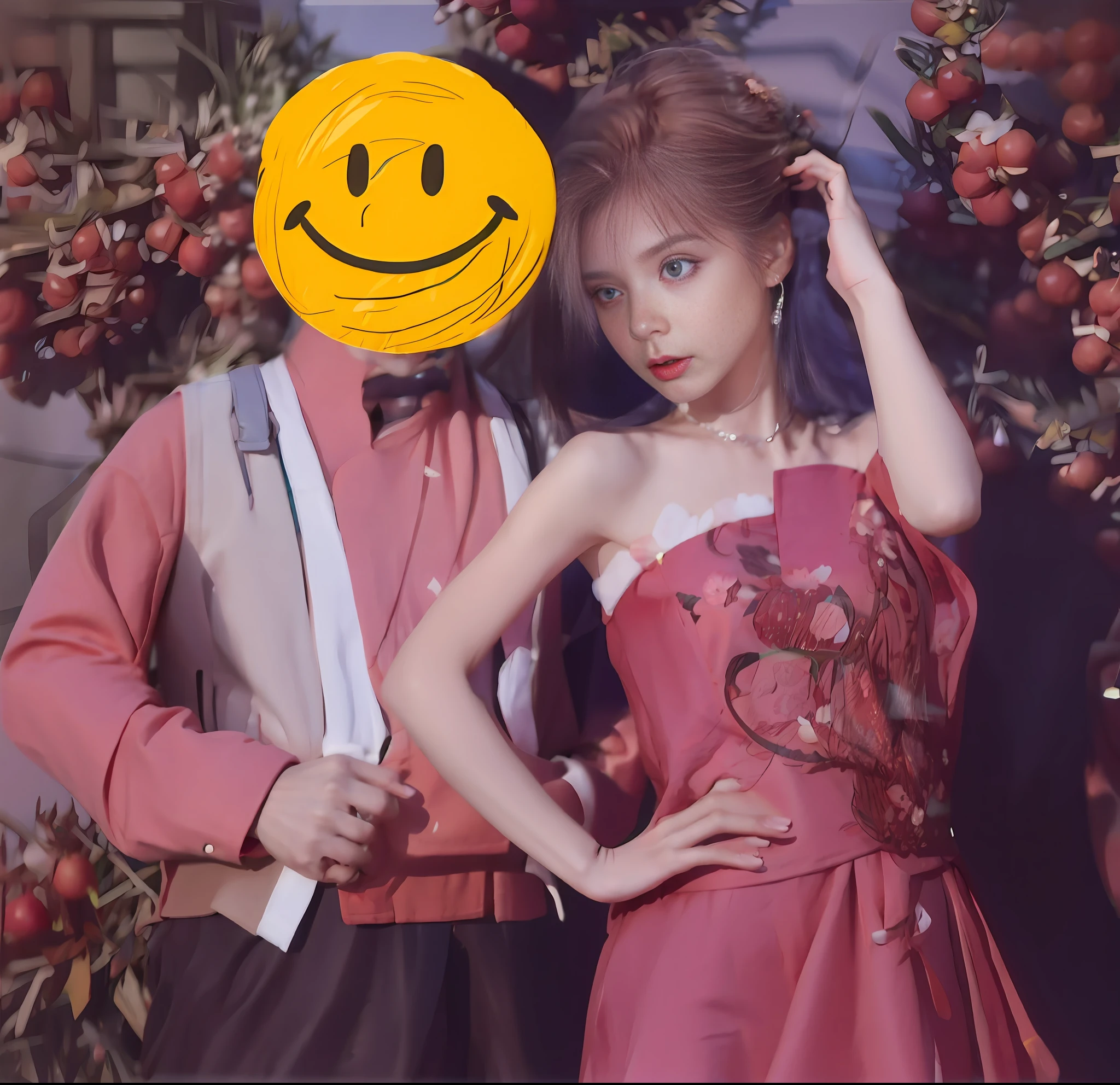 There is a man and woman standing side by side in an apple field, ((oversaturated)), color photo, smooth_ background, cursed image, album cover, Tumblr, album cover, leaked photo Japanese 1 9 8 0 album cover, very, very surreal, leaked image,