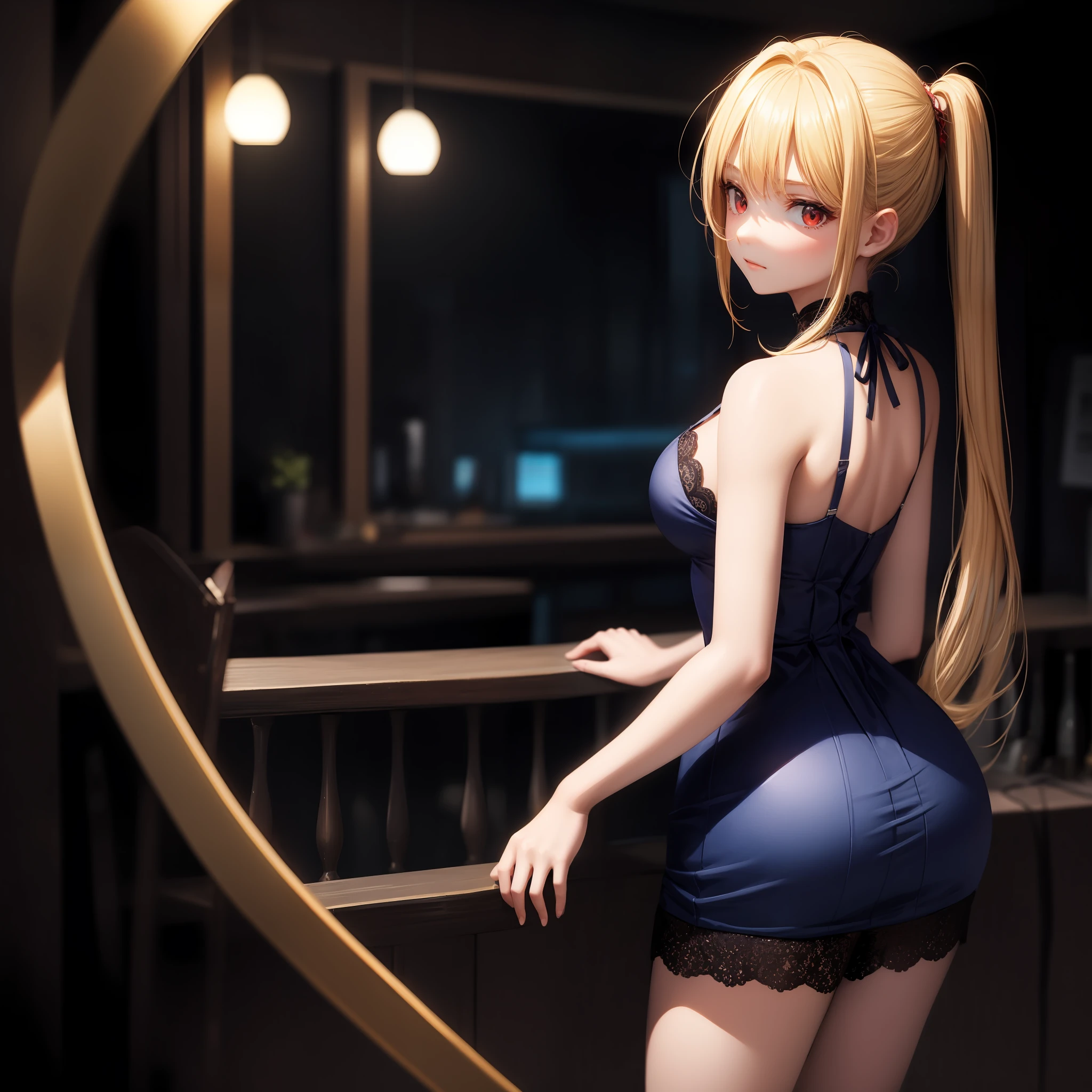 blonde, red eyes, girl, alone, solo, 1girl, dark blue dress