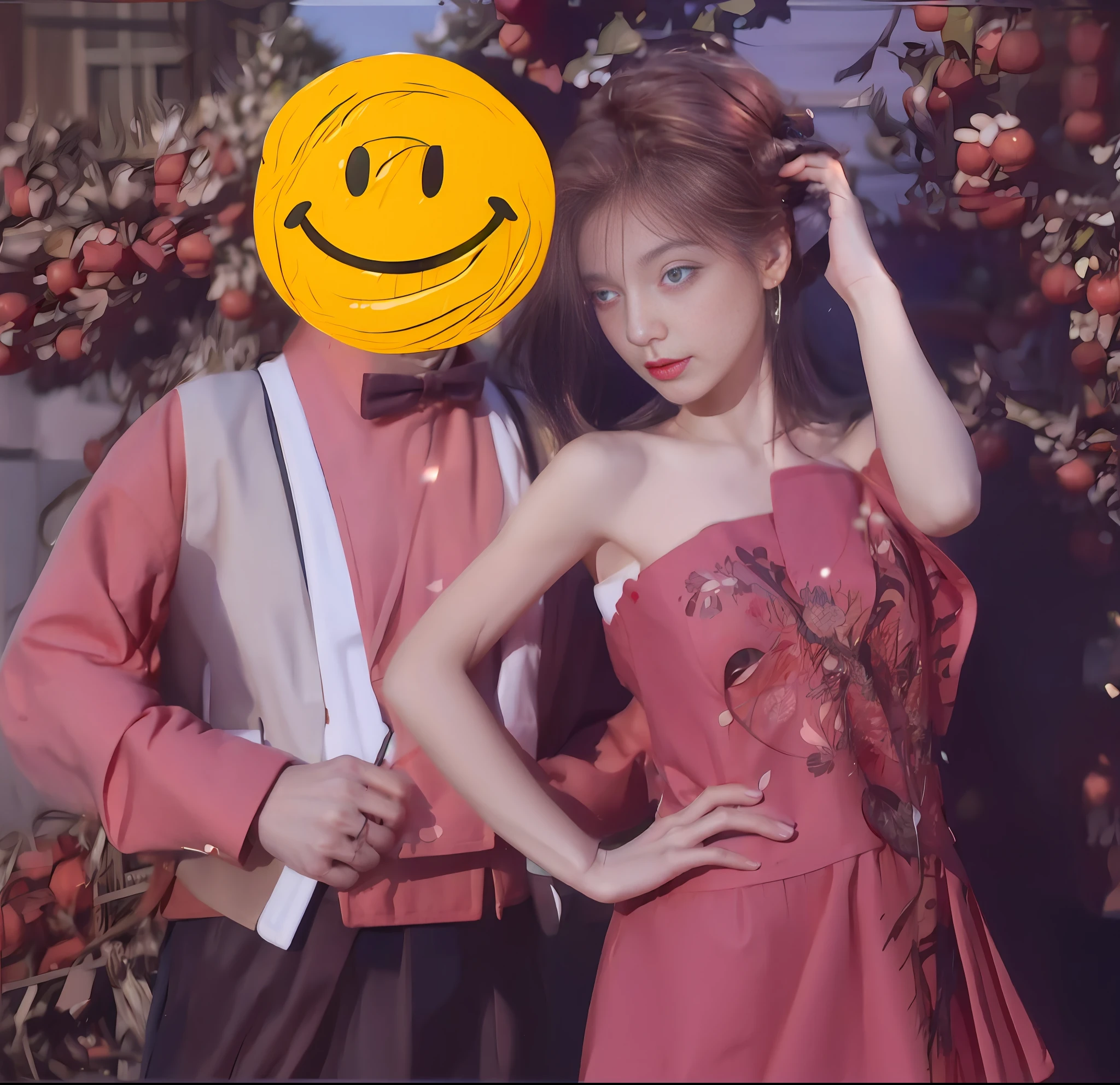 There is a man and woman standing side by side in an apple field, ((oversaturated)), color photo, smooth_ background, cursed image, album cover, Tumblr, album cover, leaked photo Japanese 1 9 8 0 album cover, very, very surreal, leaked image,